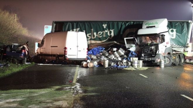 The fatal eight-vehicle crash involved a Carlsberg delivery lorry. Photograph supplied by Leicestershire Police