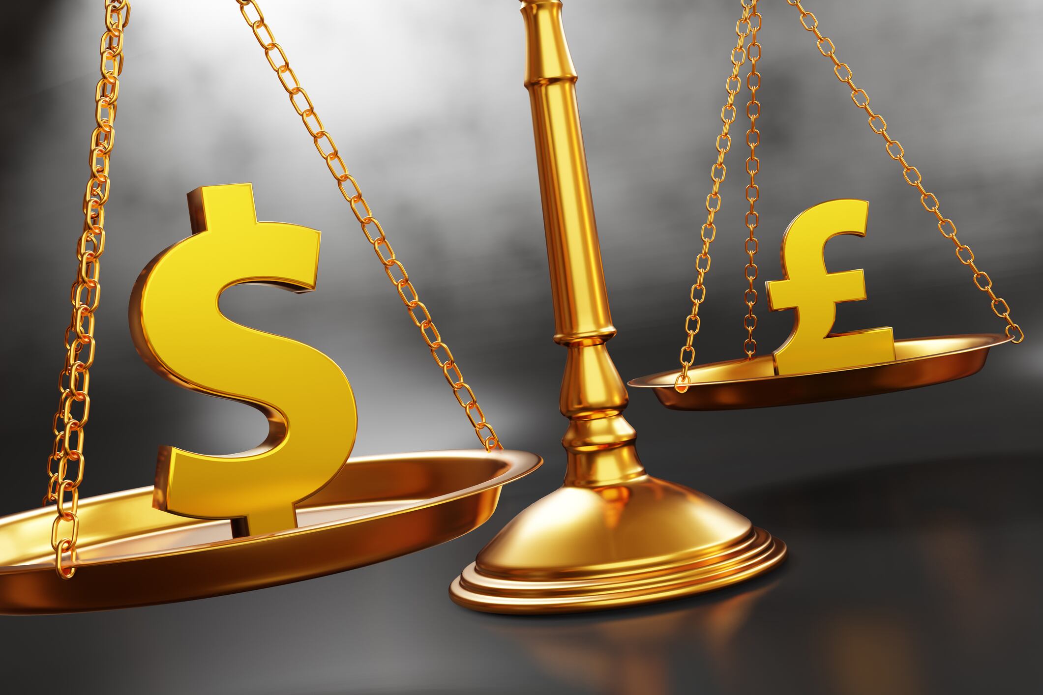 US dollar sign and British pound sign symbol on a golden weight balance. Illustration of the concept of strong US dollar and weak UK sterling, and their exchange rate is close to 1 to 1