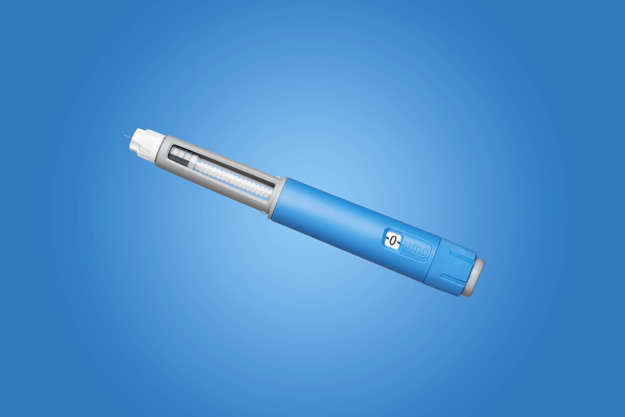 Dosing pen for subcutaneous injection of anti-diabetic medication or anti-obesity medication hovering over a blue background.