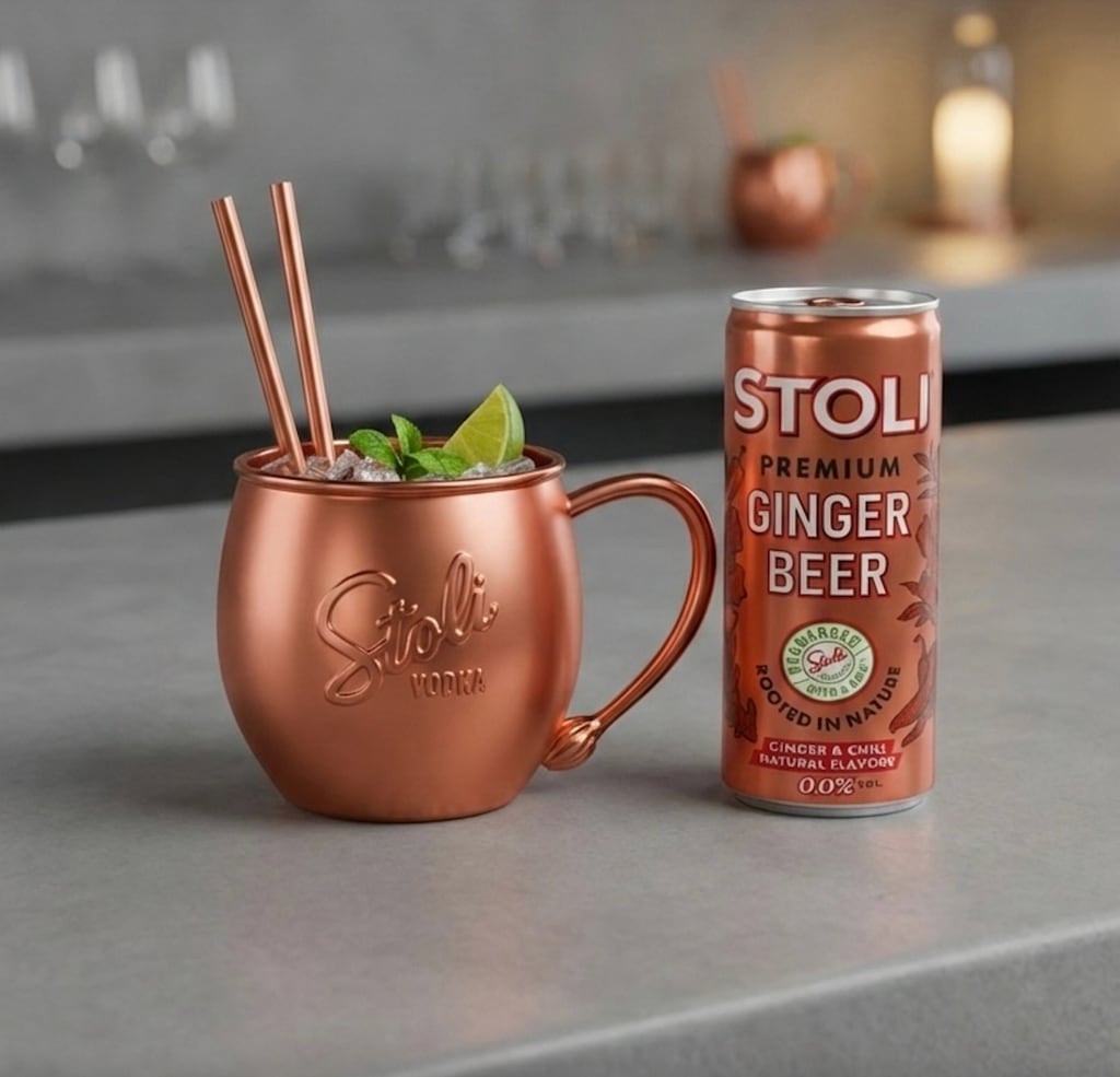 Stoli Ginger Beer cans featuring refreshed branding.