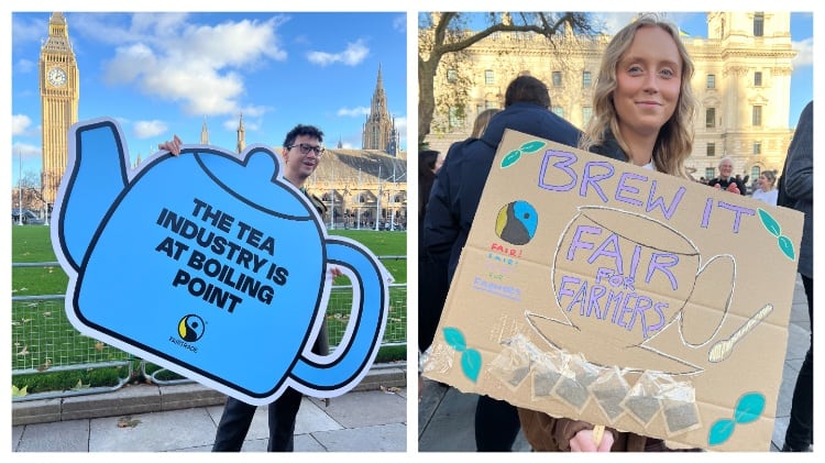 Fairtrade representatives standing alongside celebrity activists, including British drag performer, singer and TV personality Tia Kofi (pictured right) brandishing placards to support a fairer tea industry.