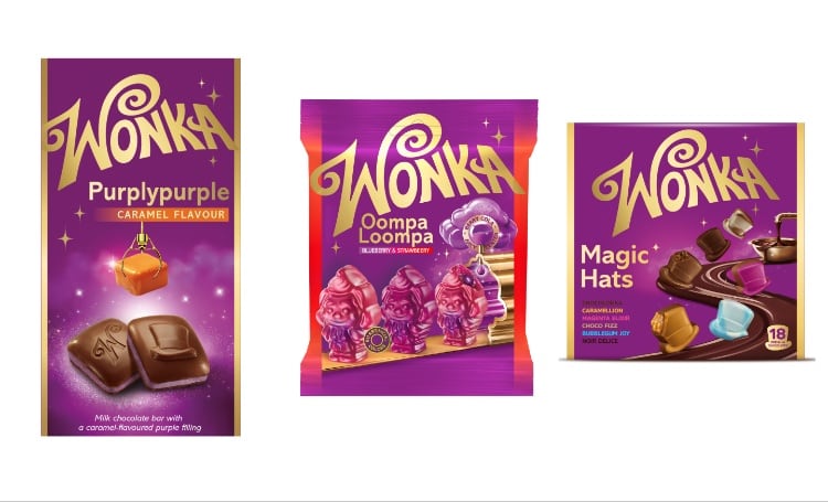 Wonka Magic Hats, Wonka Purplypurple Milk Chocolate Bar, and Wonka Oompa Loompa Gummies