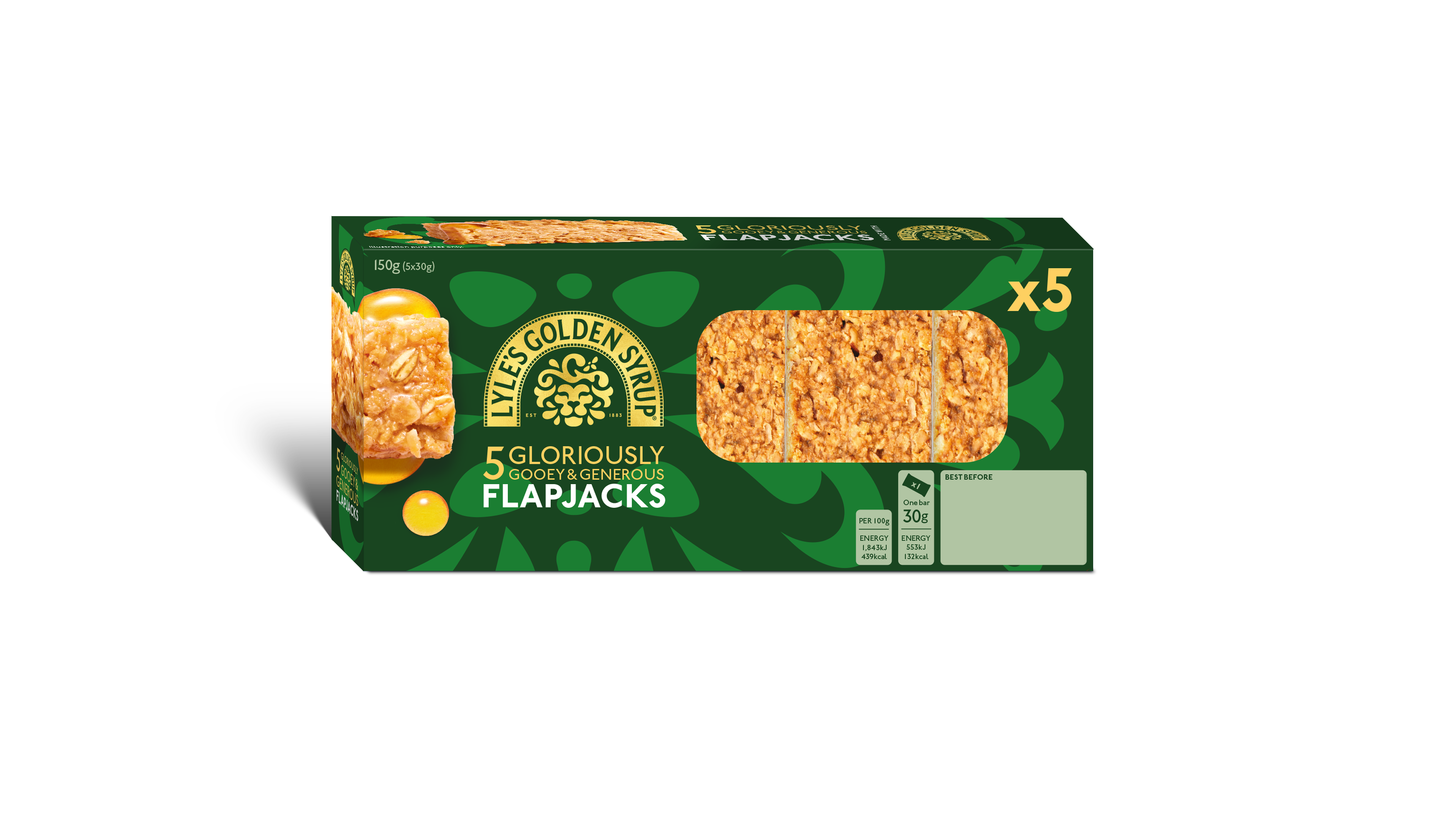 A box containing five Lyle's Golden Syrup Flapjacks