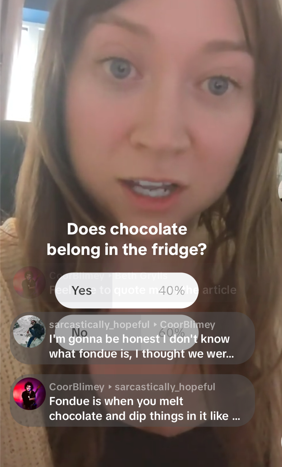 TikTok results - does chocolate belong in fridge - 60% say no, 40% say yes.