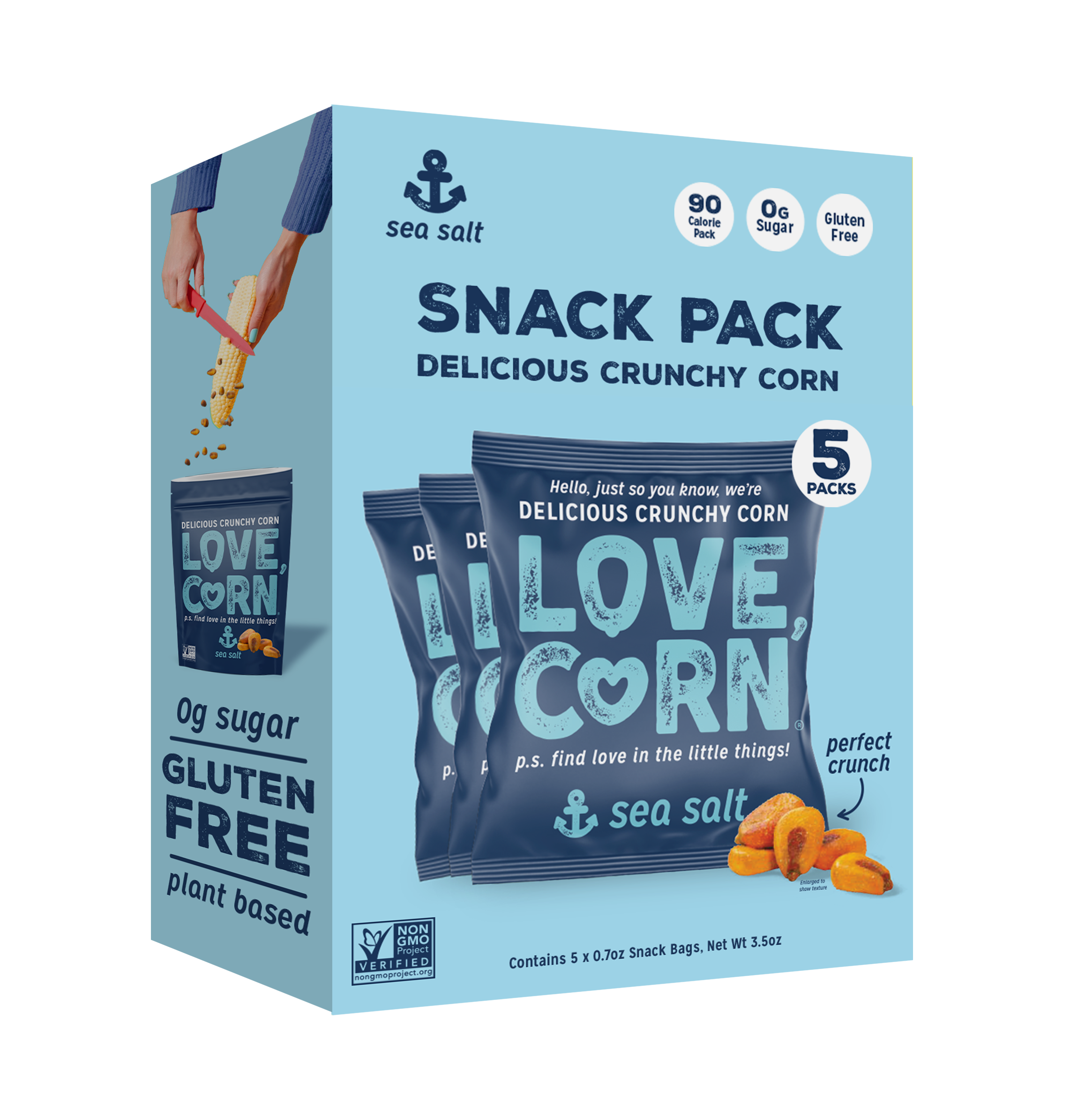 A blue cardboard box with the text Love Corn Sea Salt multipack written on it.