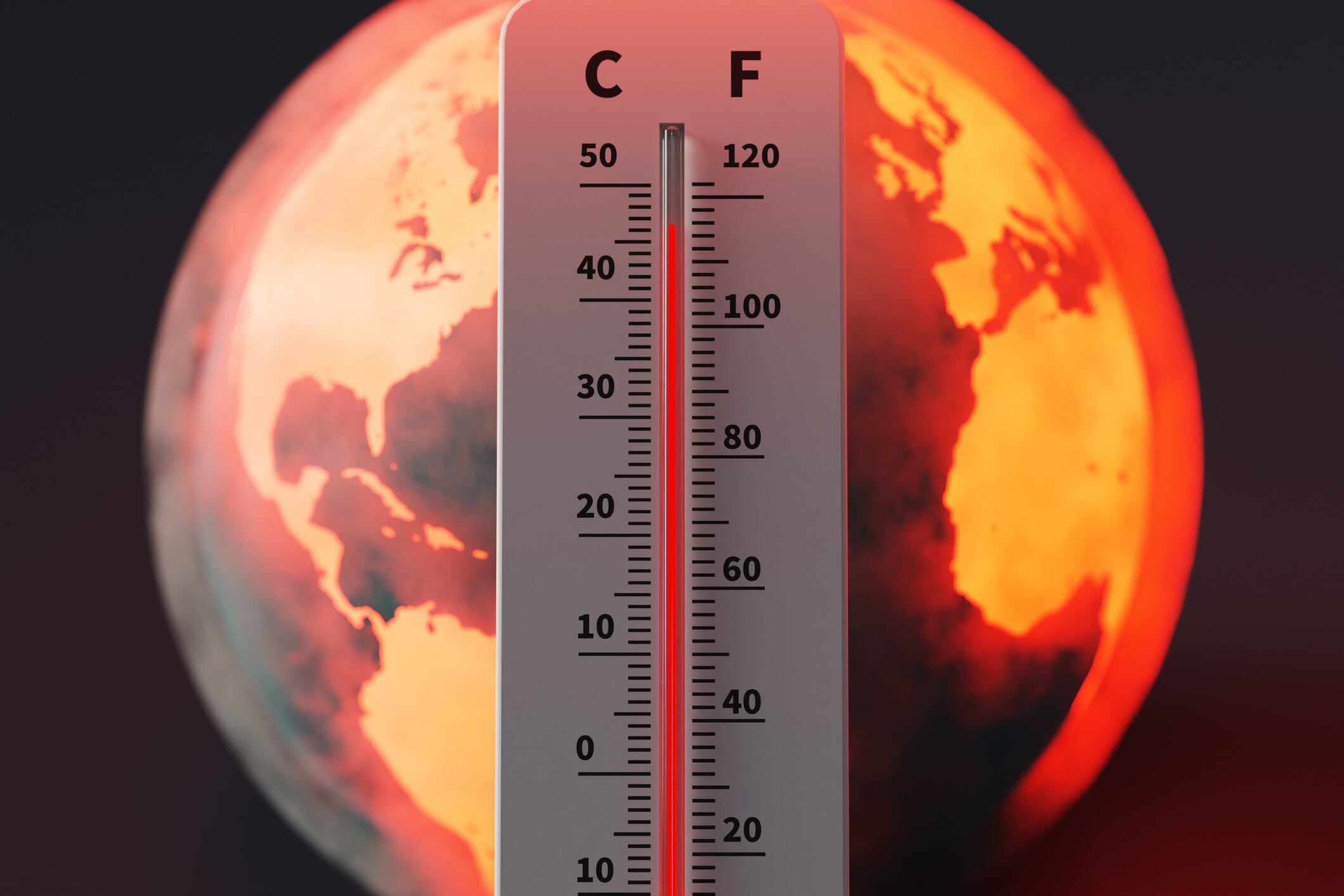 Earth experiencing extreme high temperatures and a thermometer showing high temperatures mesh cube GettyImages