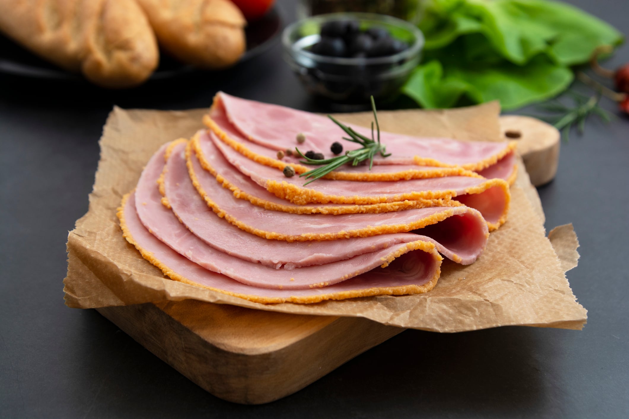 Sliced crumbed ham.