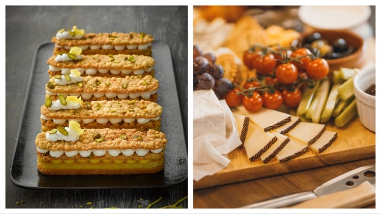 Pistachio cake and continental cheese with vegetables and fruits