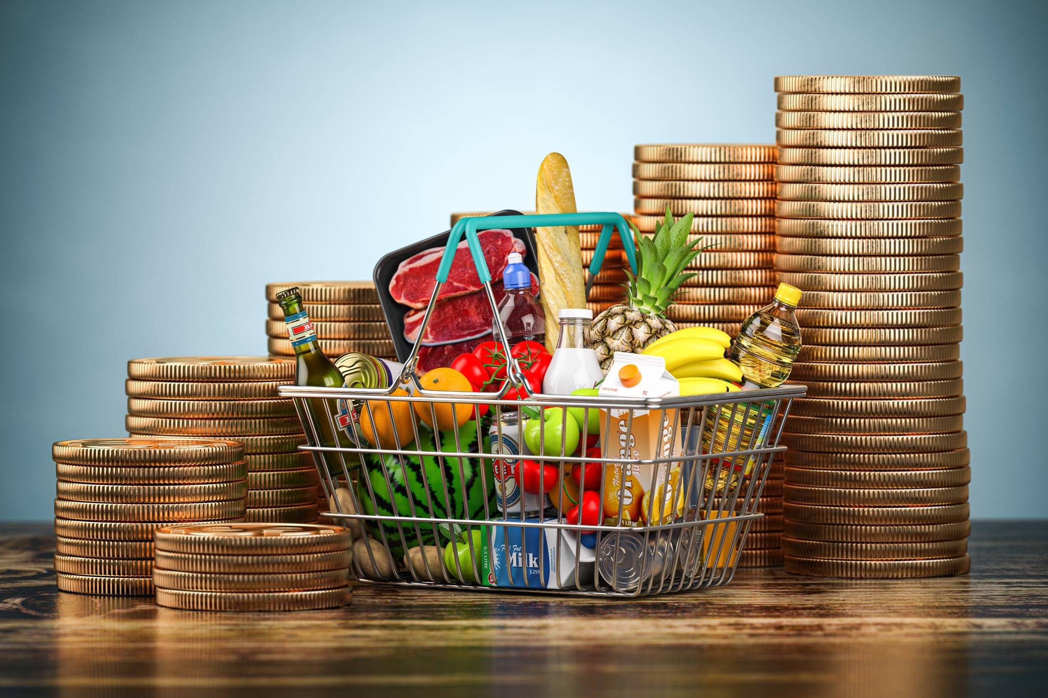 A grocery basket surrounded by oversized coins