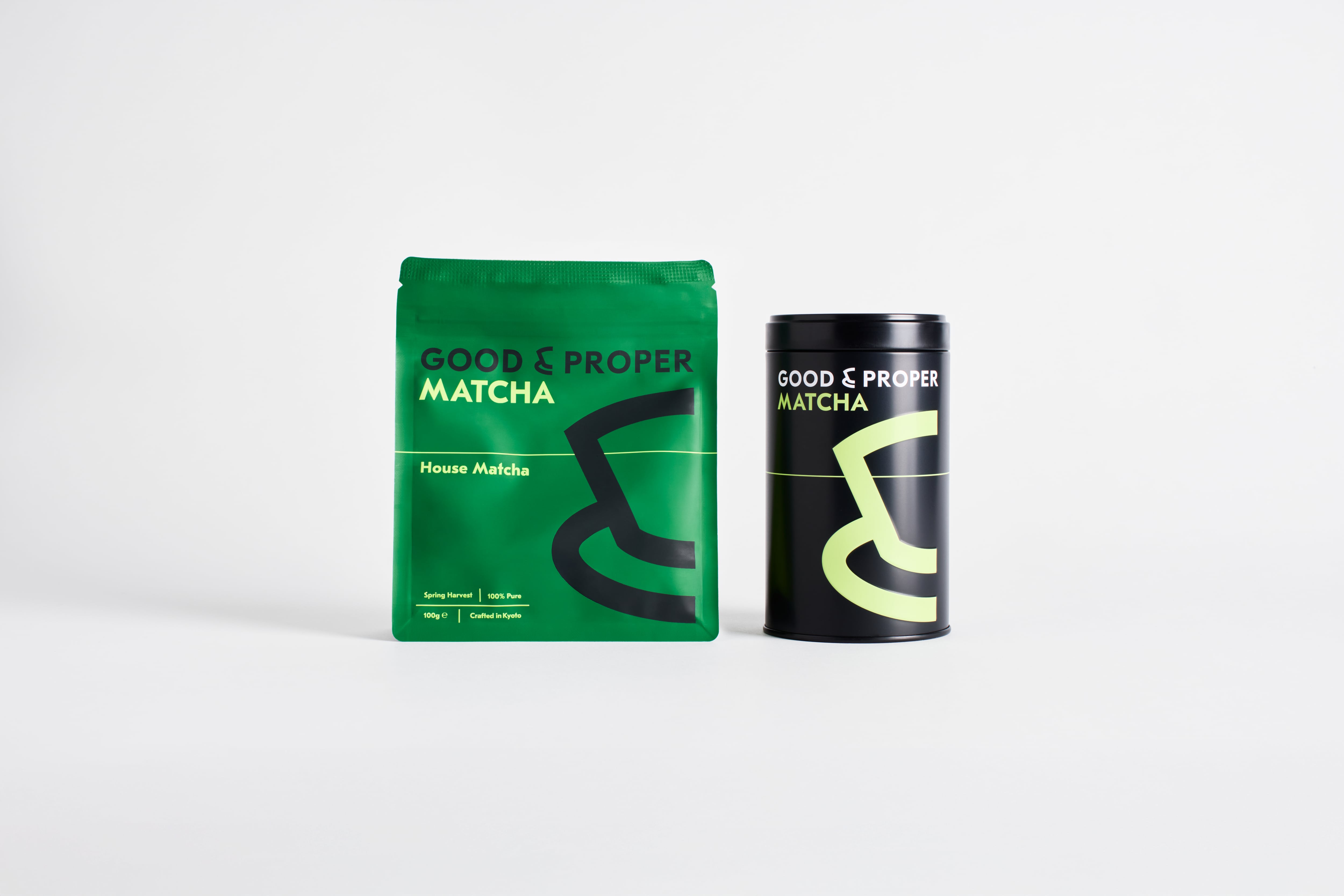 Good & Proper matcha in pack and tin.