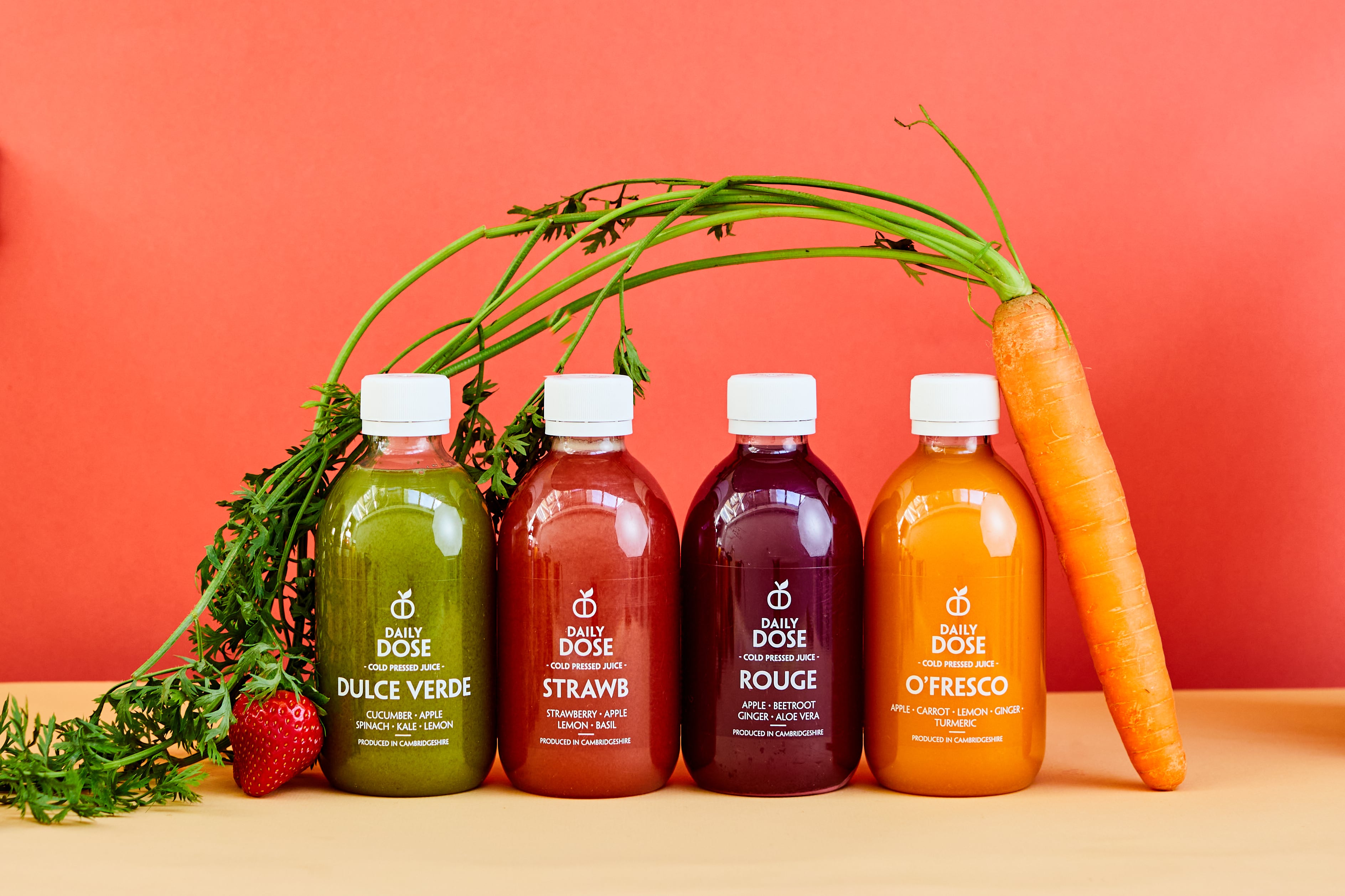 Daily Dose drink range, including Dulce Verde, Strawb, Rogue, and O'Fresco.