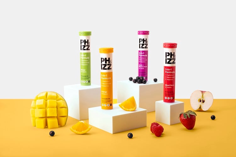 Packets of PHIZZ and fruit