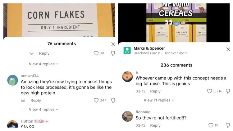TikTok comments about M&S Only Ingredient cereals
