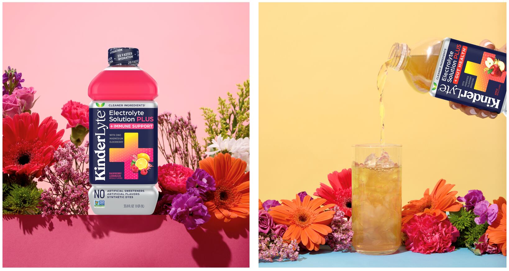 Kinderlyte Plus bottles in raspberry lemonade and apple flavours.