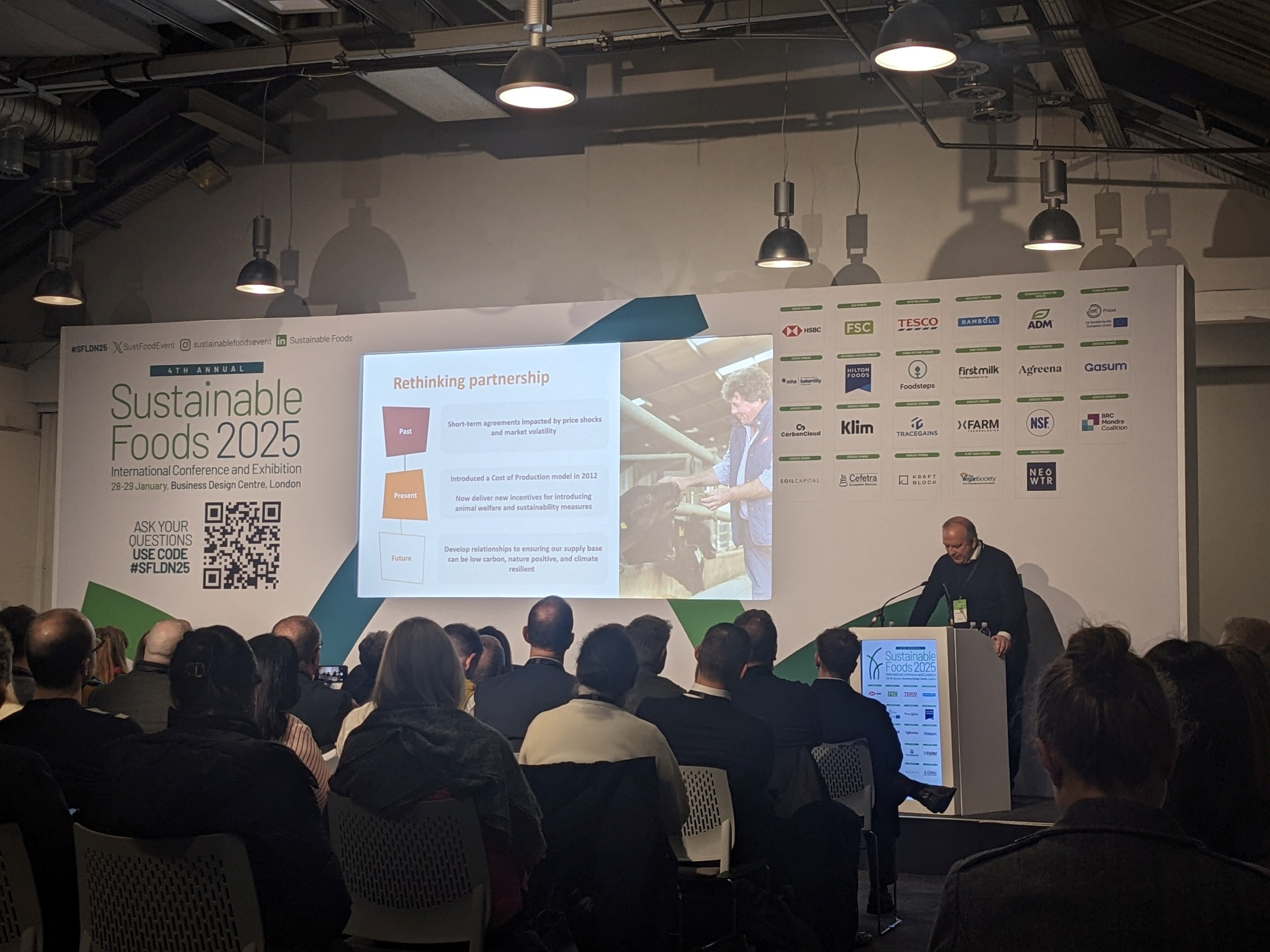 Simon Roberts, CEO of Sainsbury's, delivering presentation at 2025 Sustainable Foods Conference.