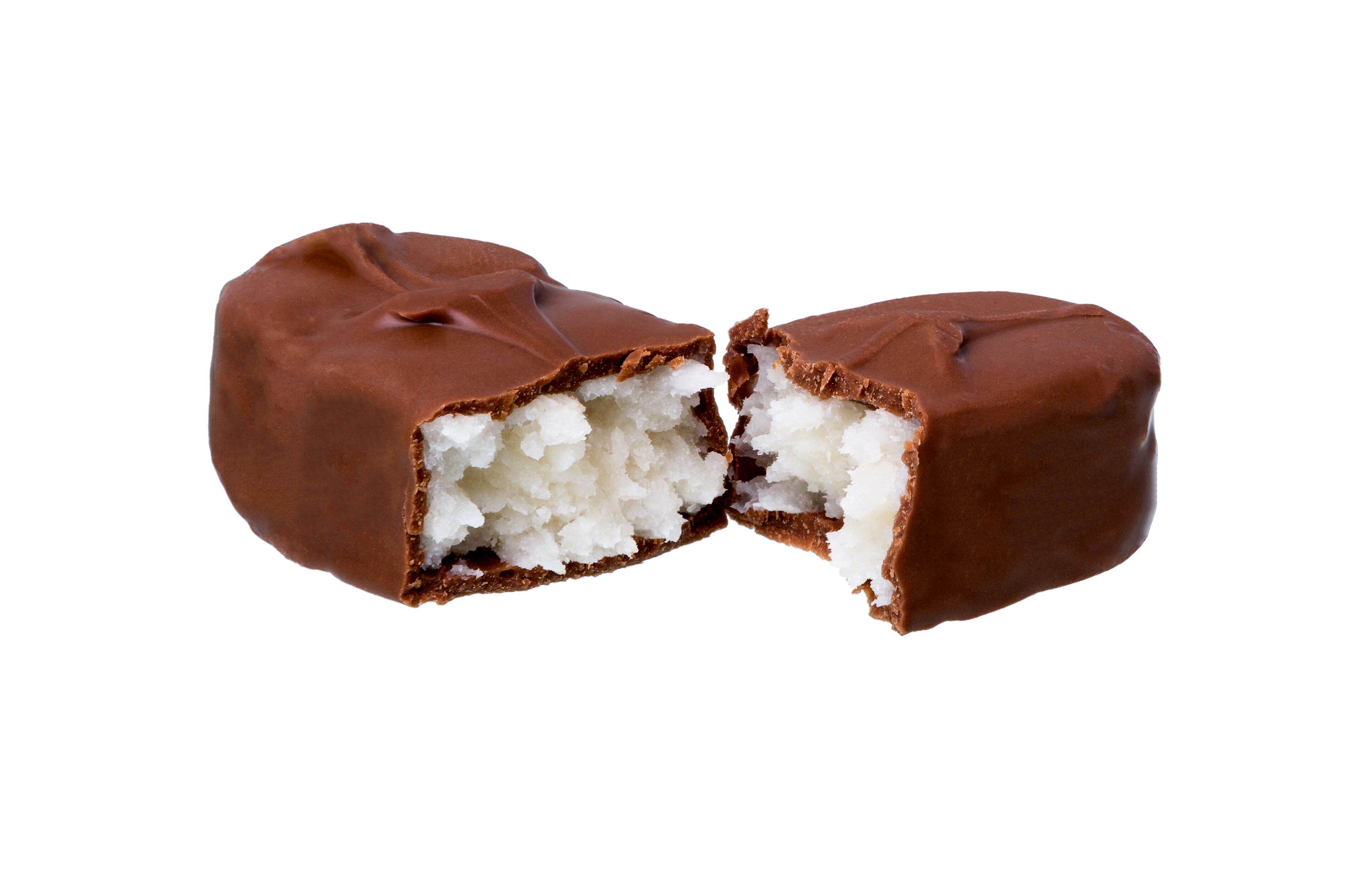 Chocolate candy isolated on white background. Chocolate bar with white filling.