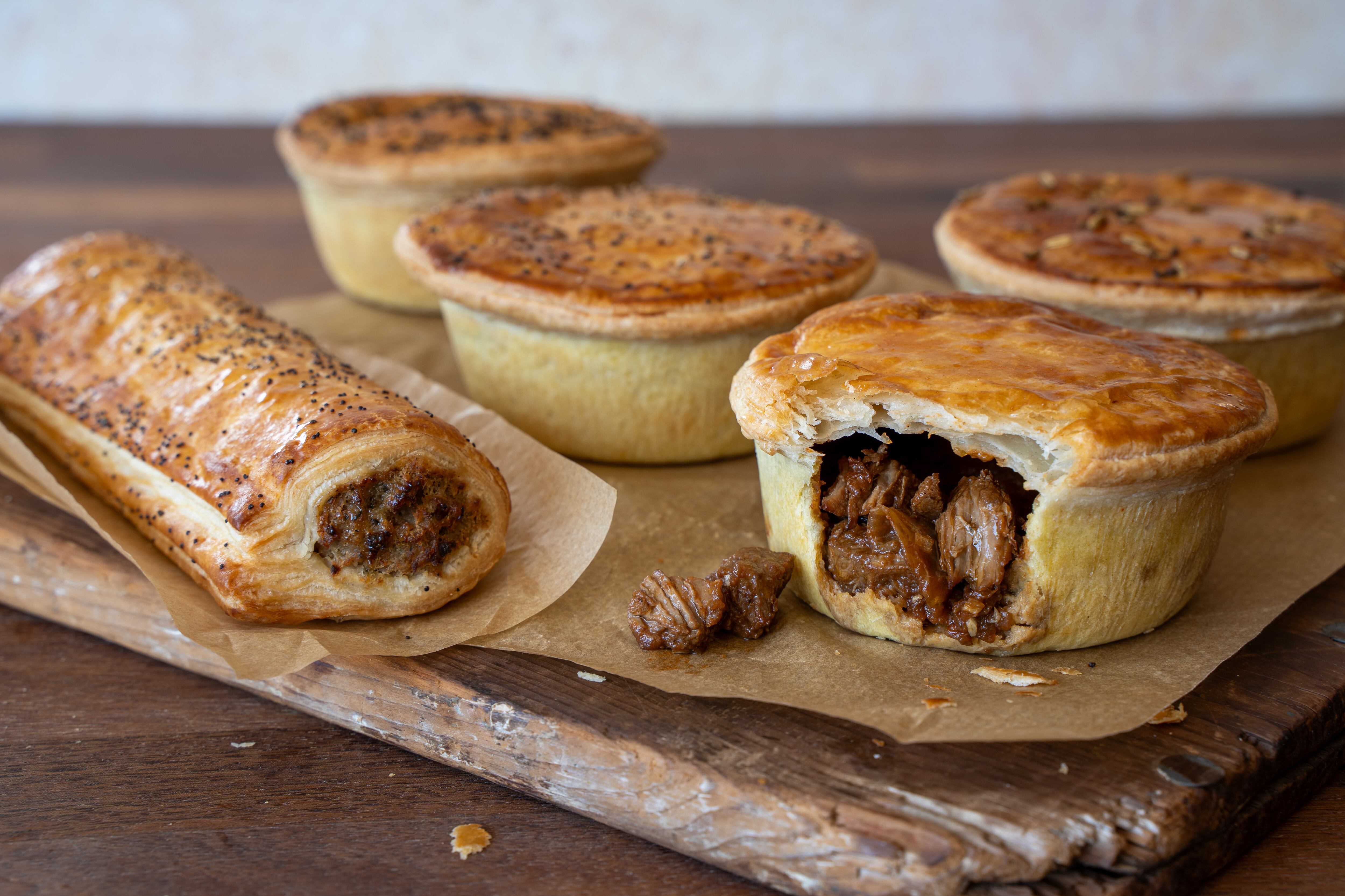 Pies and sausage rolls.
