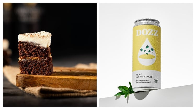 Slice of cake, yoghurt and mint soup in can.