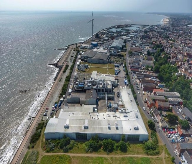 An areal photo of a food factory