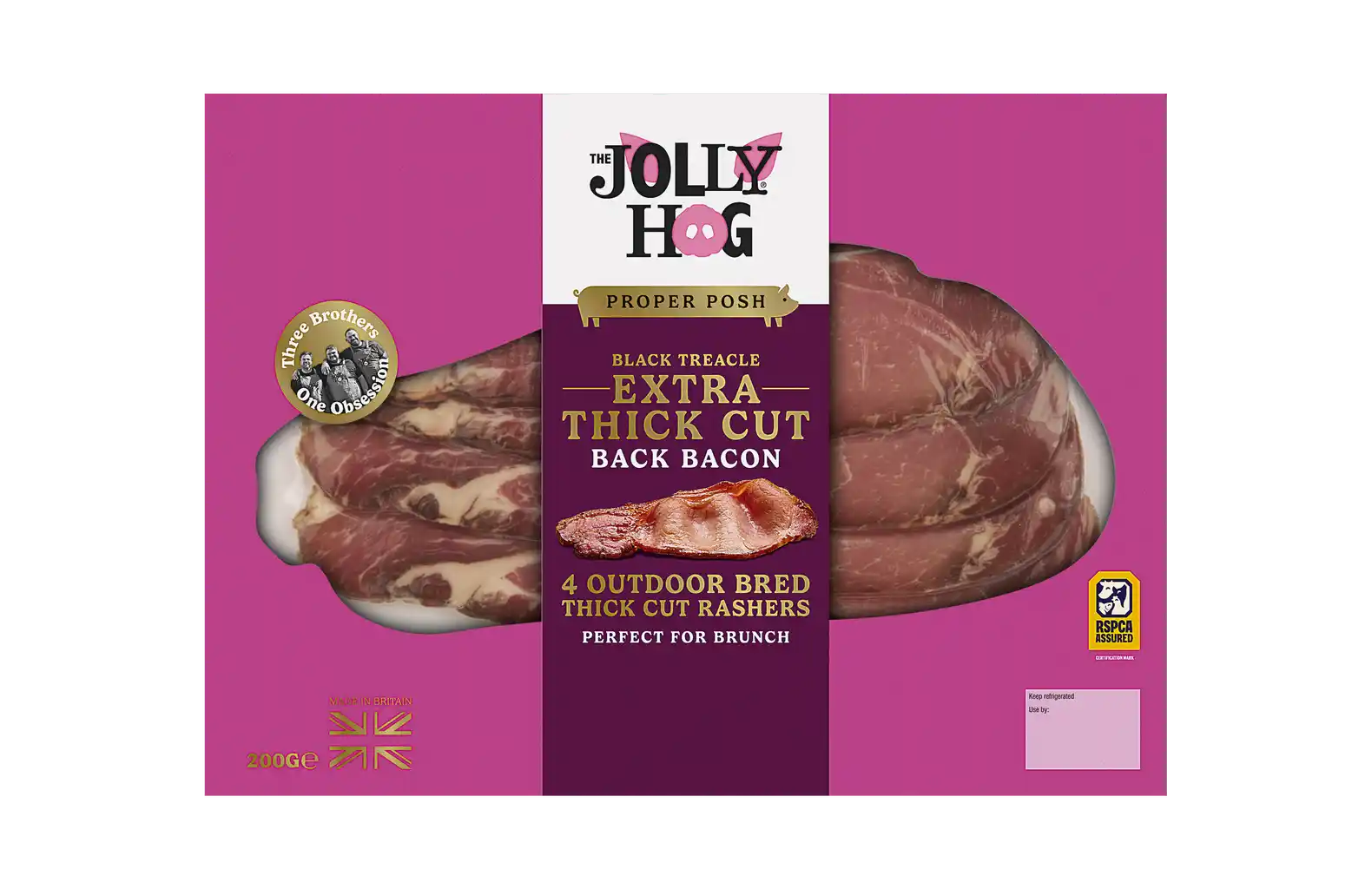 Pack of The Jolly Hog Proper Posh extra thick-cut bacon in black treacle cure.