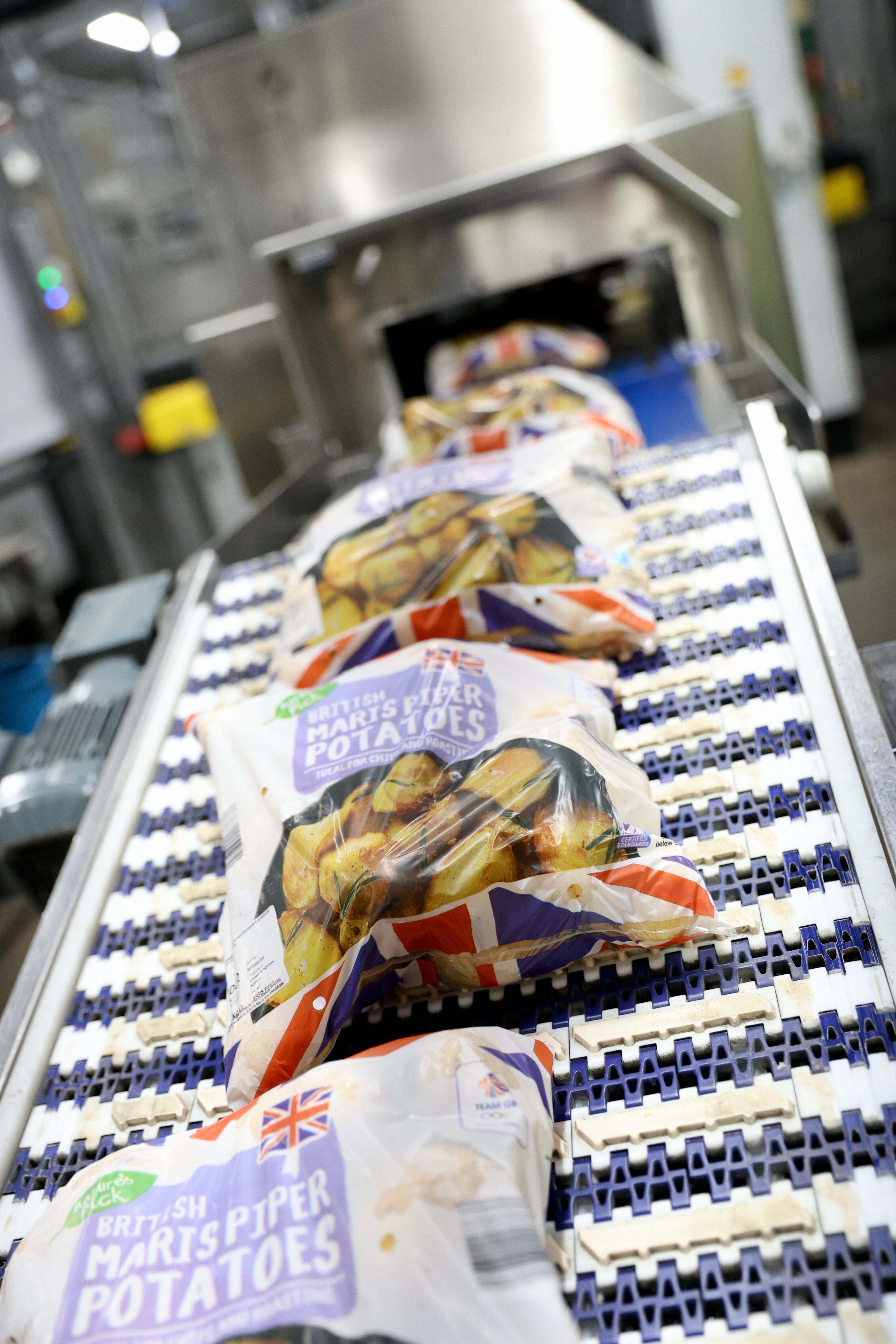 A line of potatoes in bags.