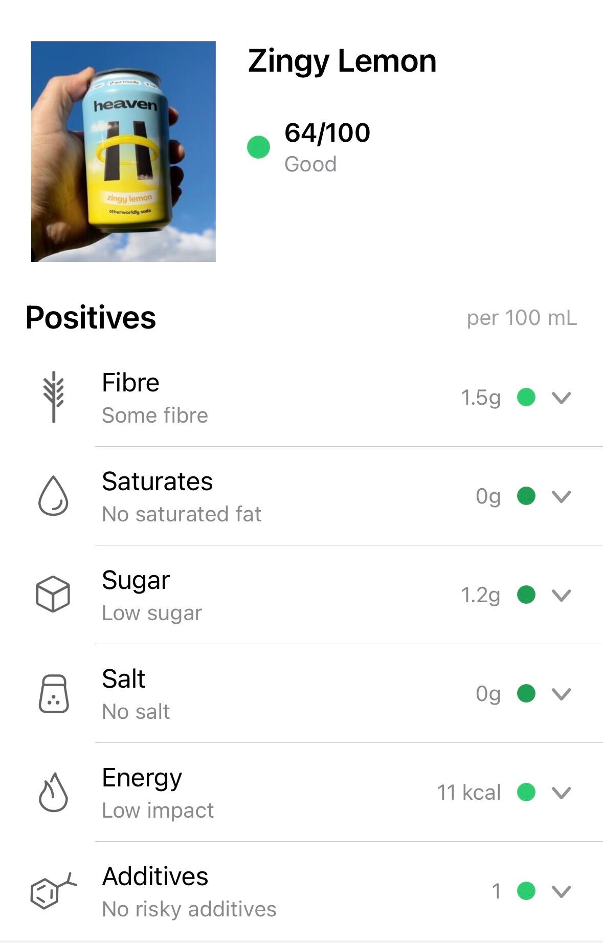Screenshot of Heaven Soda's Zingy Lemon score on Yuka app.
