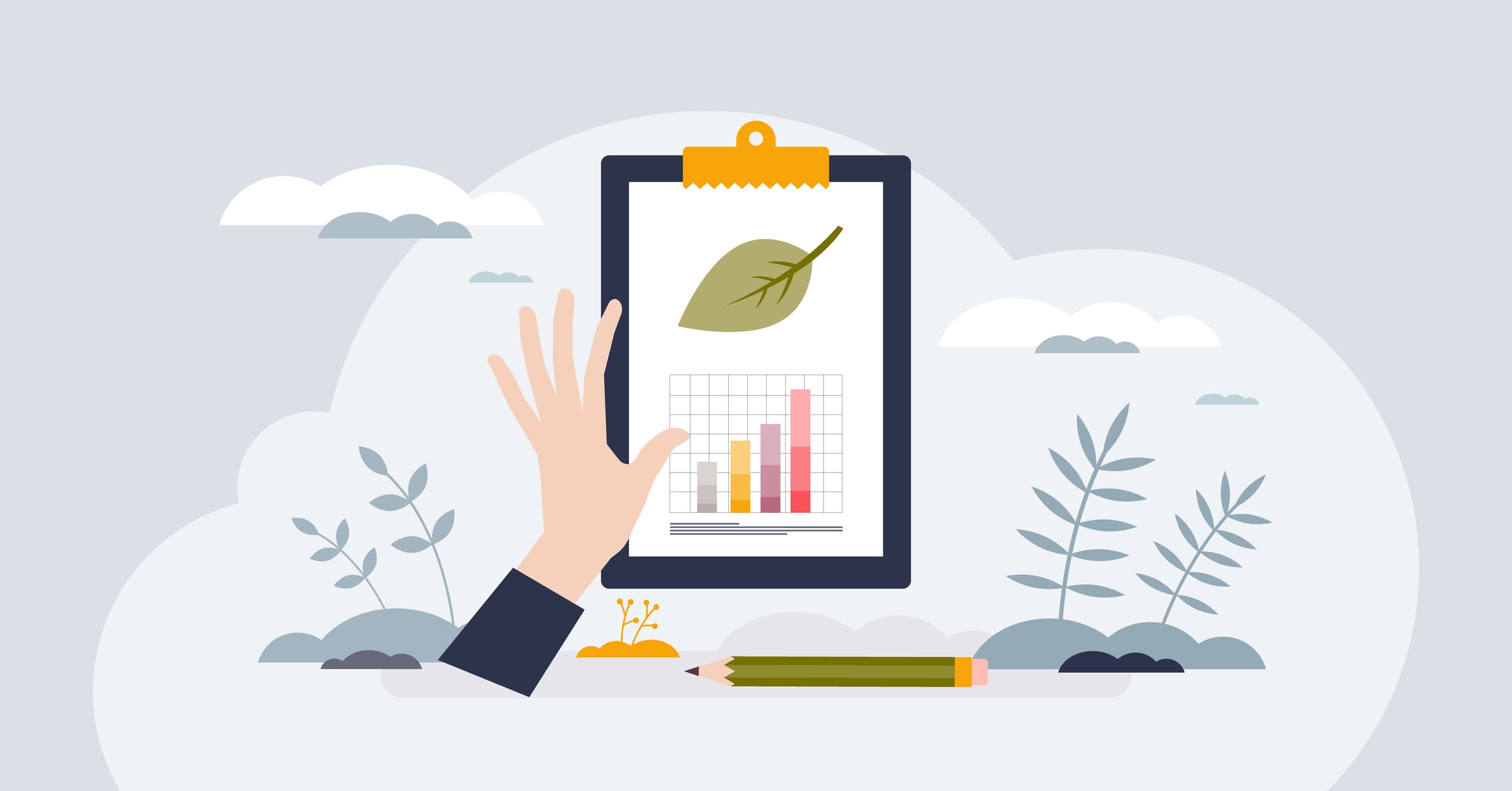 Sustainability reporting and green business ESG chart tiny person concept. Company nature impact and climate forecasting vector illustration. Environmental corporate statistics and data analysis.