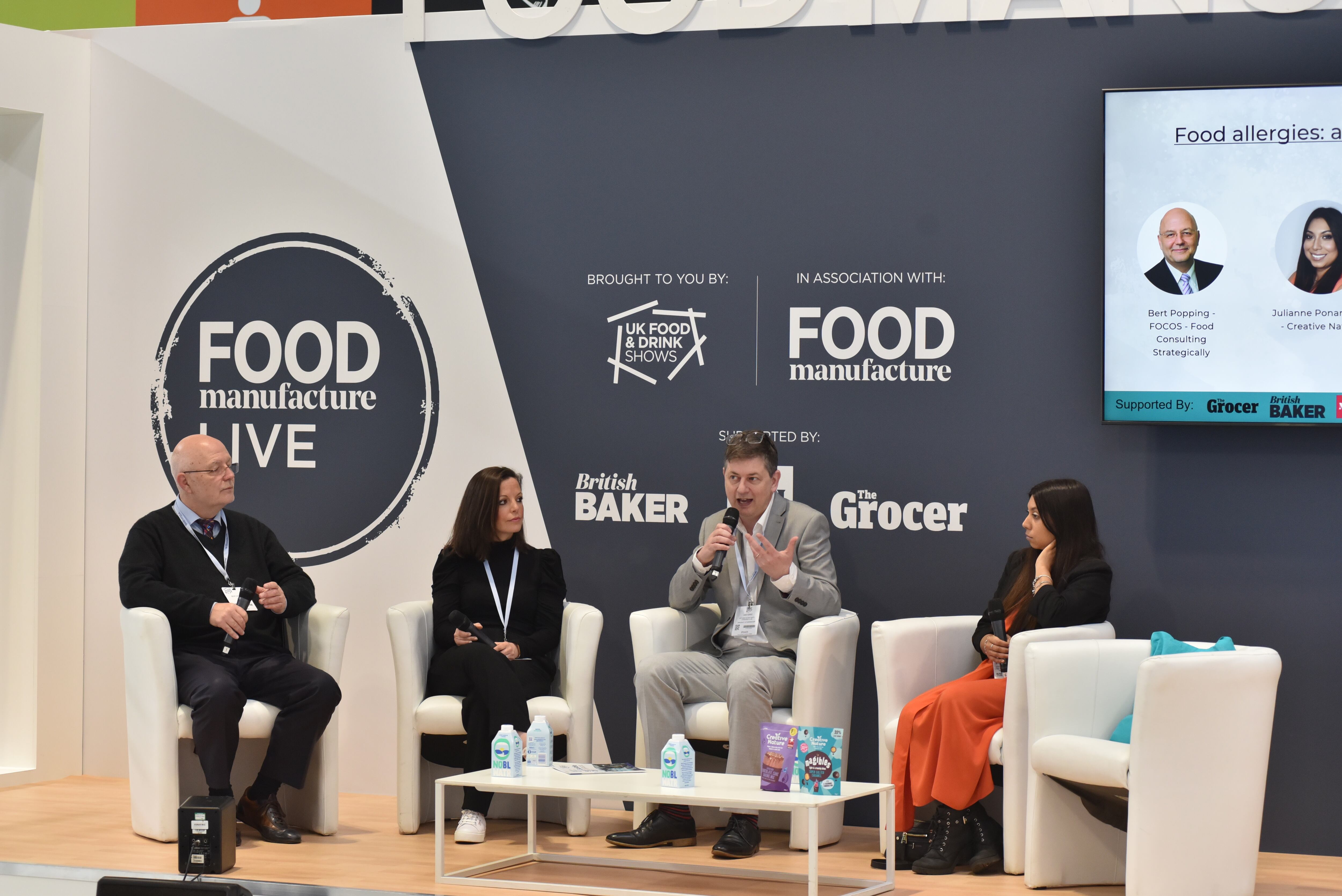 Panel of of four people speaking at Foodex in 2023 on allergies on Food Manufacture Live stage.