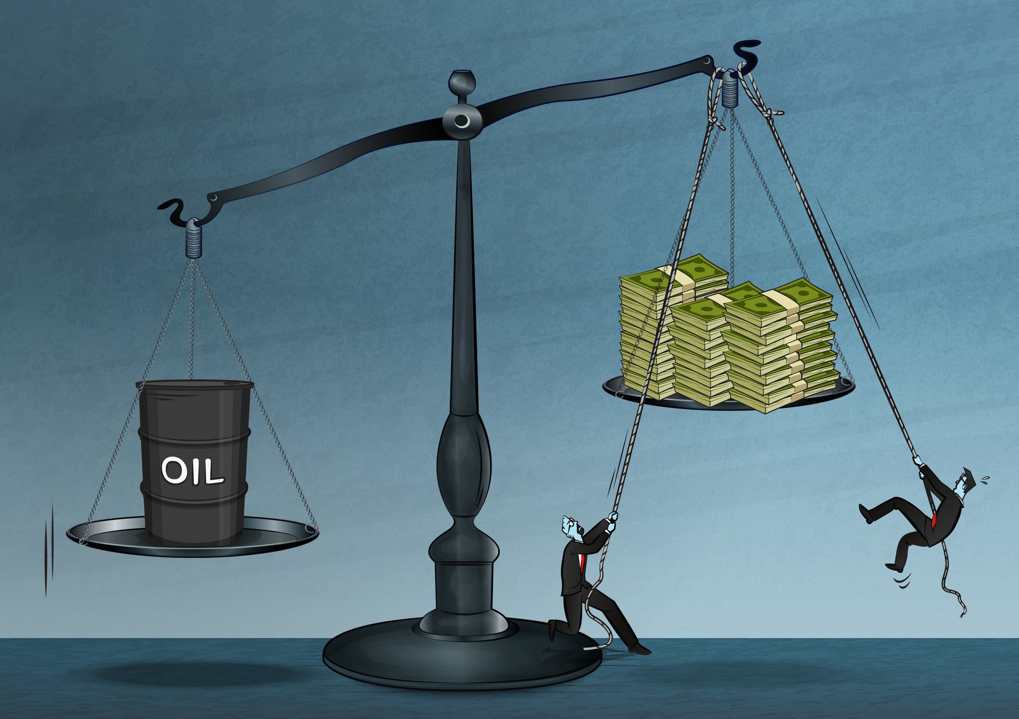Two me trying to pull one side of a scale down with money, with oil weighing heavy the other side.