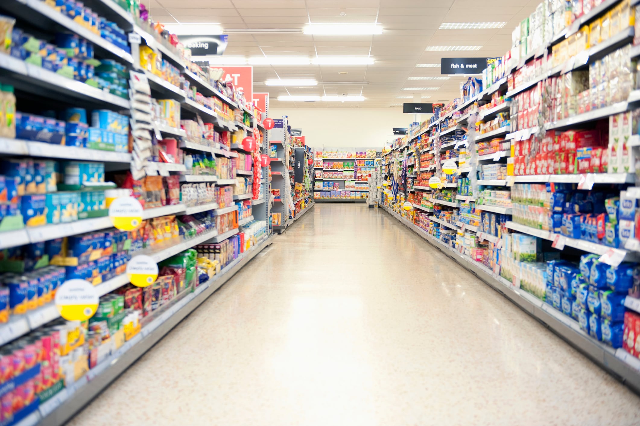Well-stocked grocery supermarket aisle