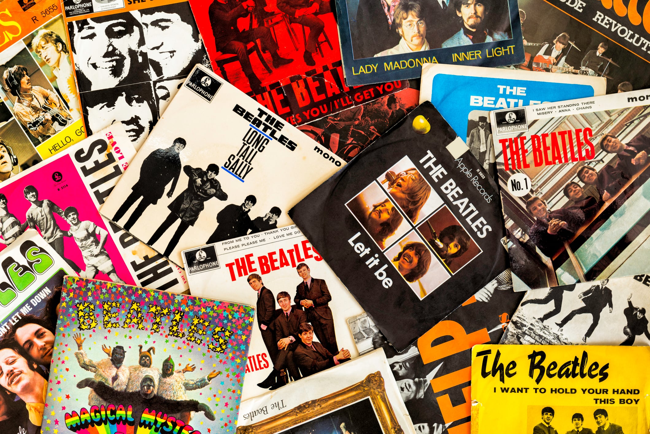 Gothenburg, Sweden - March 24, 2013: The Beatles single covers. All records are originals from the year they were first released.