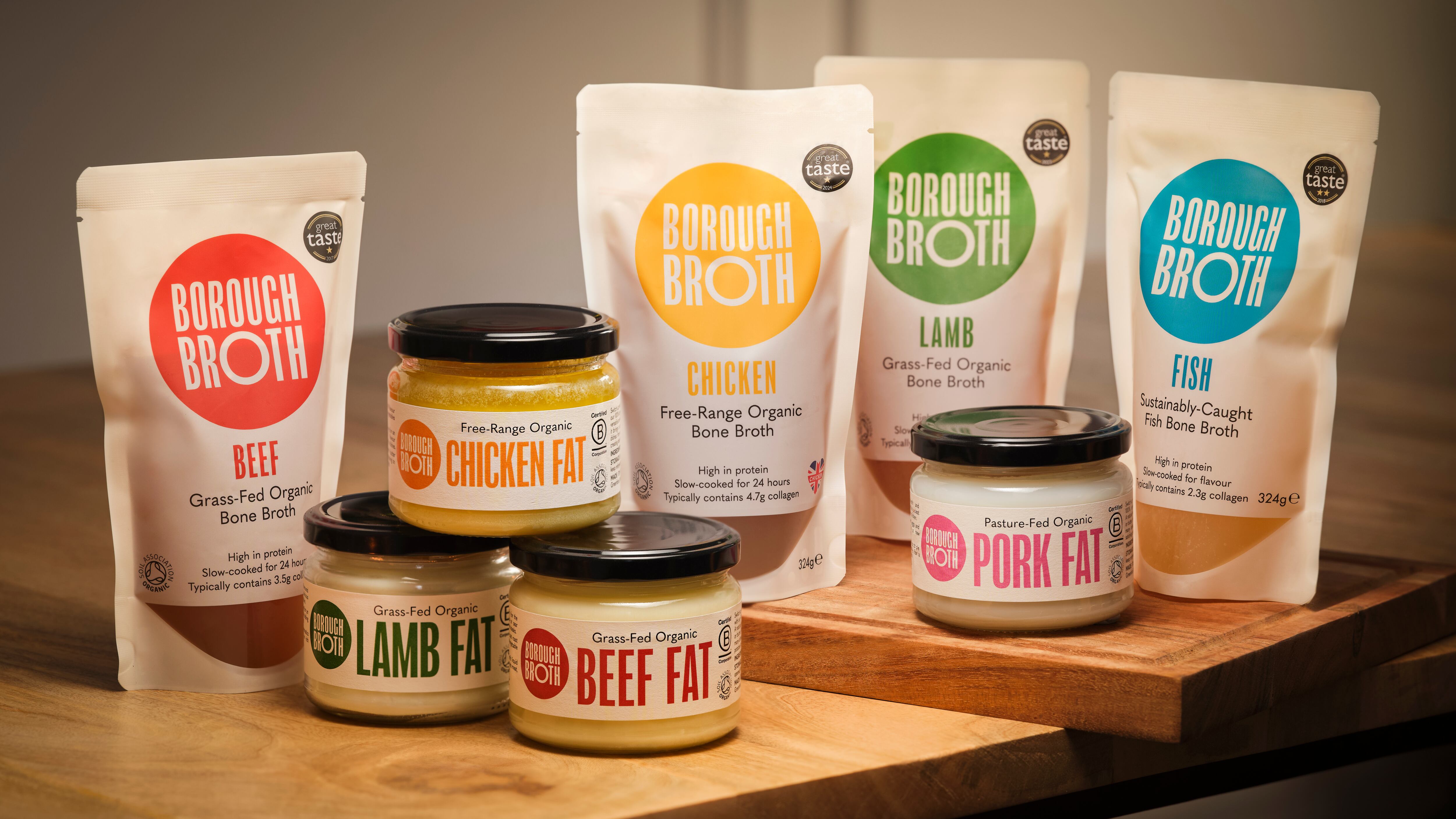 Borough Broth's broth and fats range in a variety of flavours