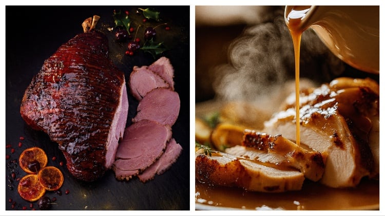 Gammon centrepiece and chicken with gravy.