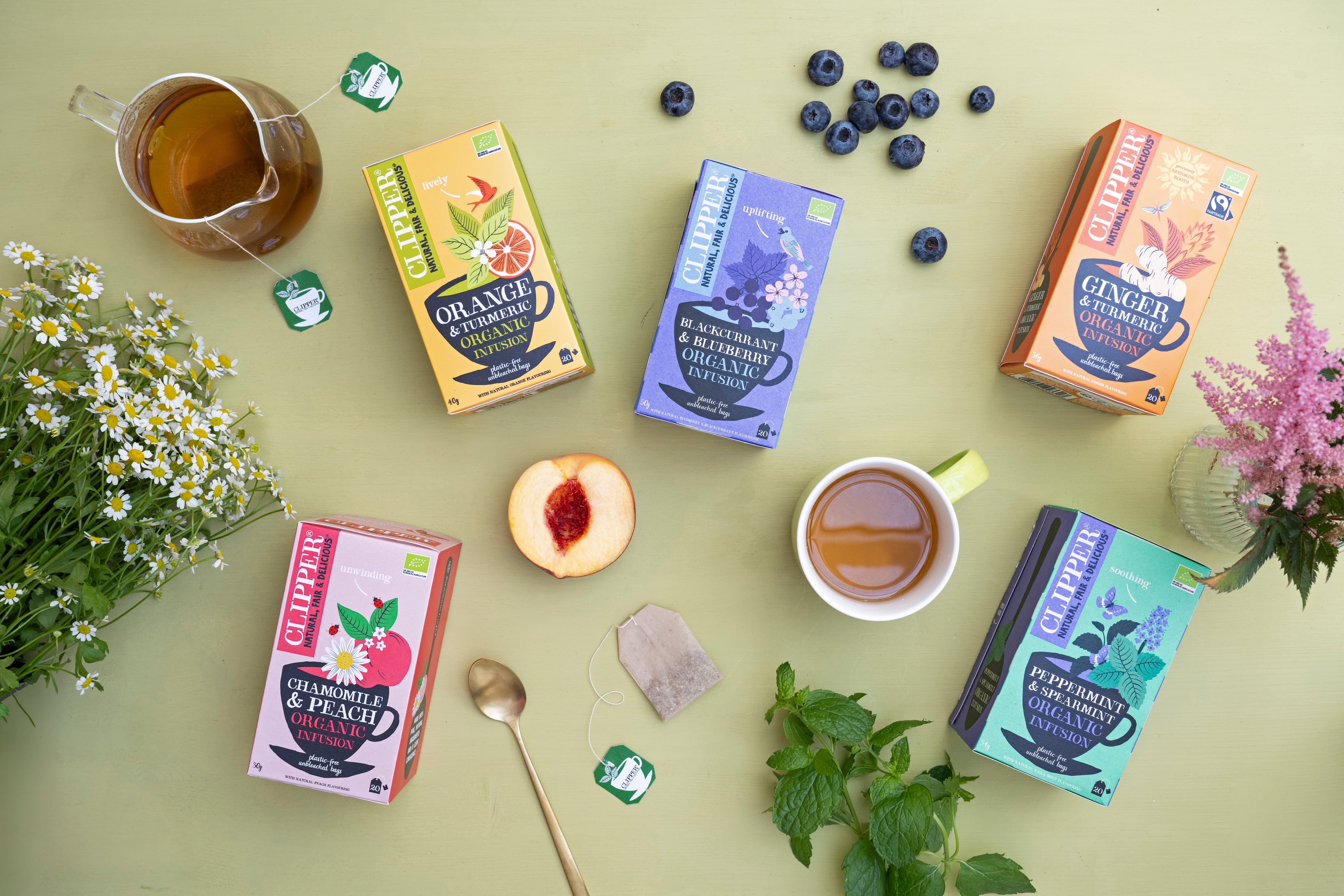 Clipper Tea infusions range: Peppermint & Spearmint, Chamomile & Peach, Blackcurrant & Blueberry, Orange & Turmeric, and Ginger & Turmeric