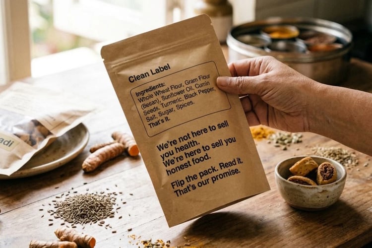 Patang places its ingredient list prominently on-pack as part of its promise to sell honest food rather than health claims.