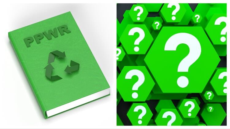 PPWR book with recycling symbol and question marks.