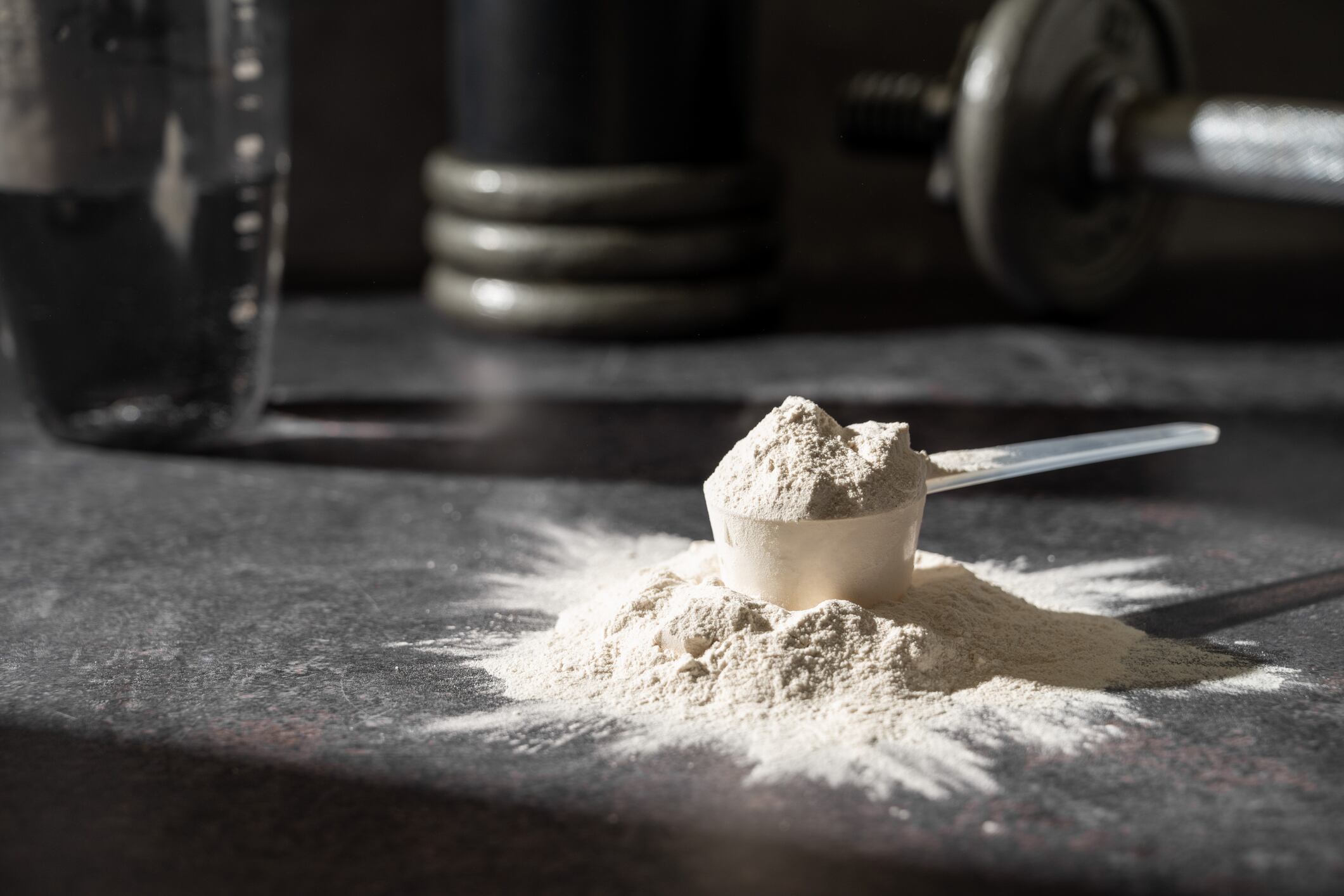 Protein shake and chocolate protein powder in a scoop, Sports nutrition.