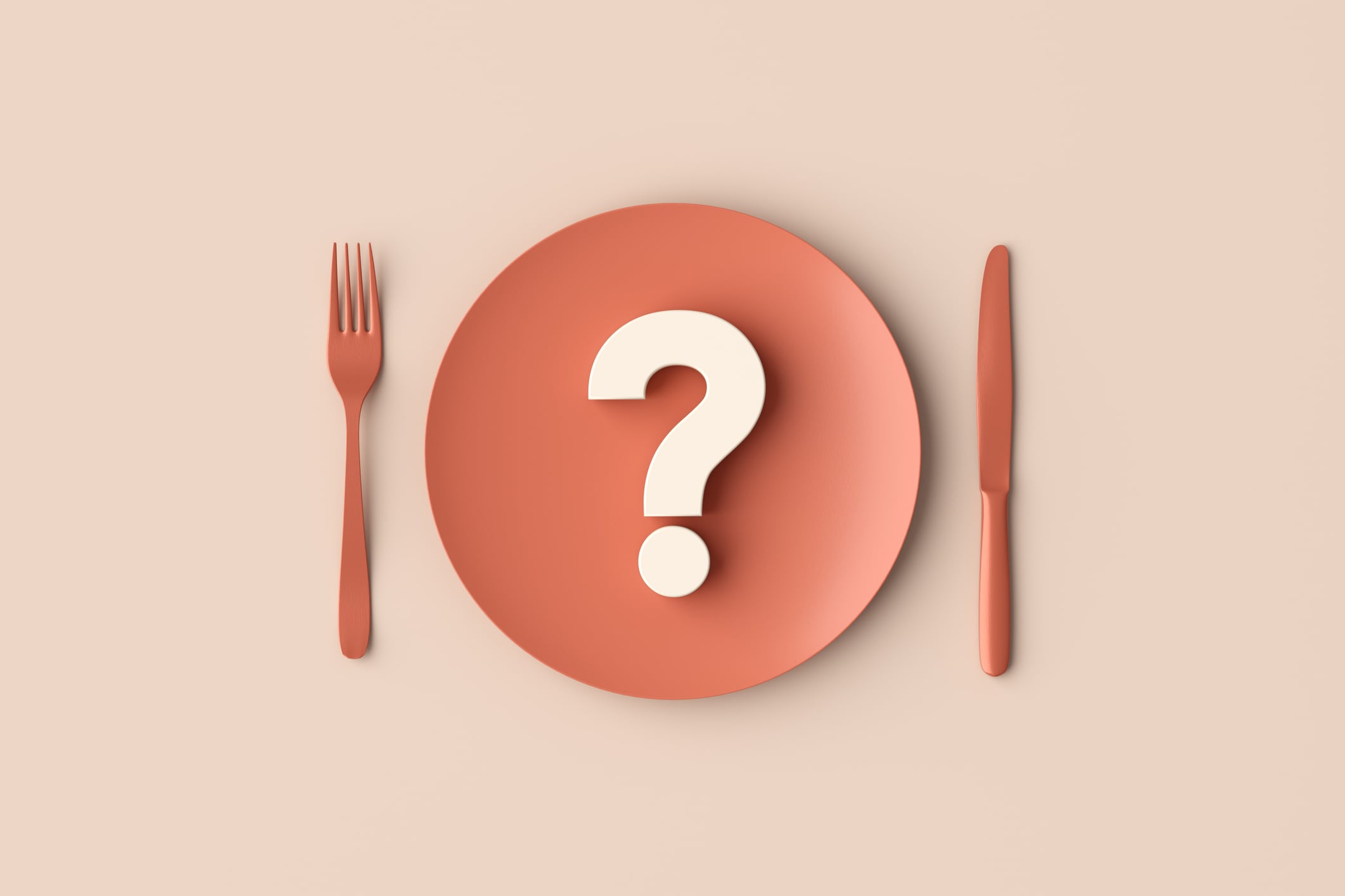 Question mark is on a plate with a knife and fork on the side, asking a question about food and eating habits. Diet choice or healthy meals. 3d render.