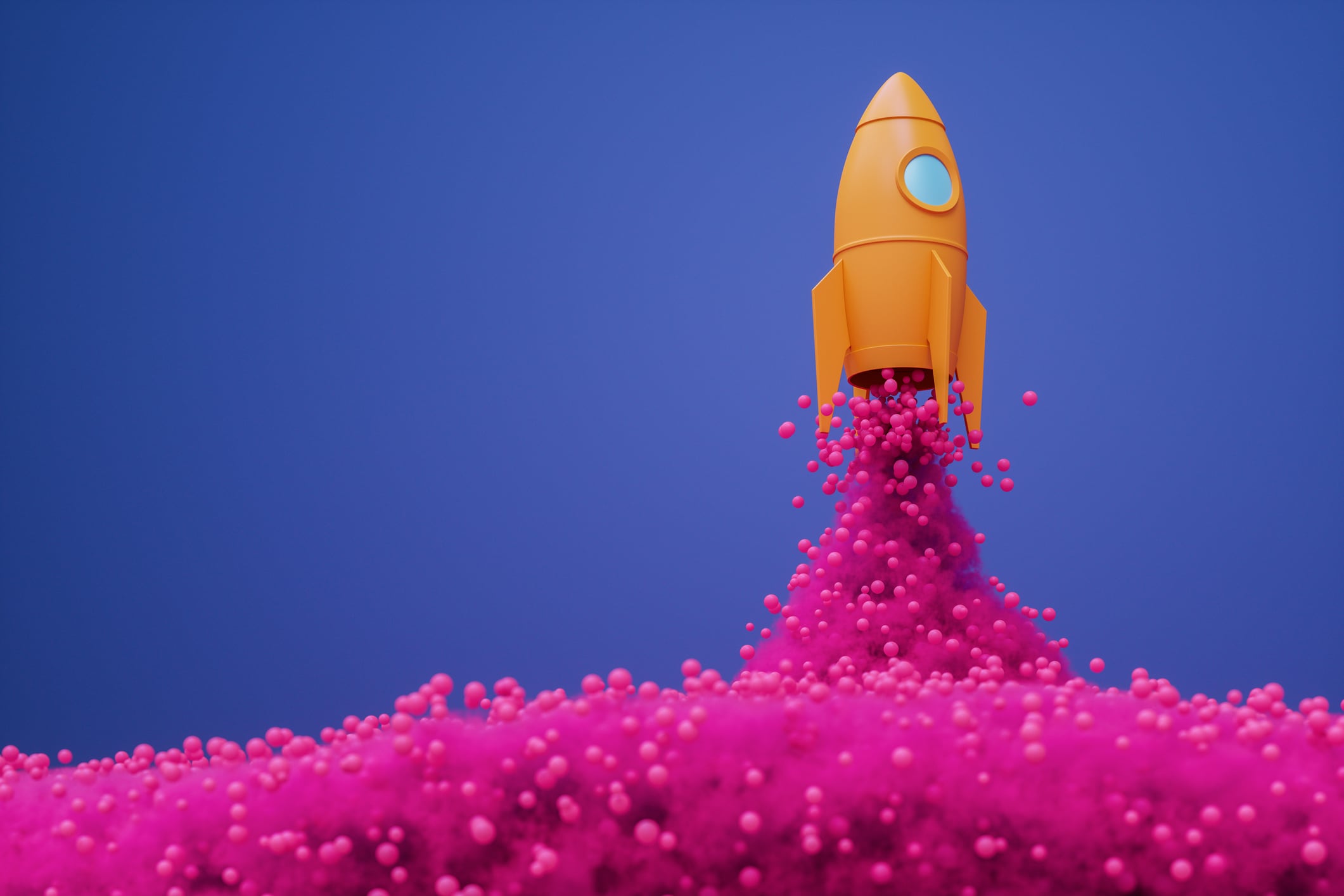 A rocket with vibrant pink bubbles shooting out.
