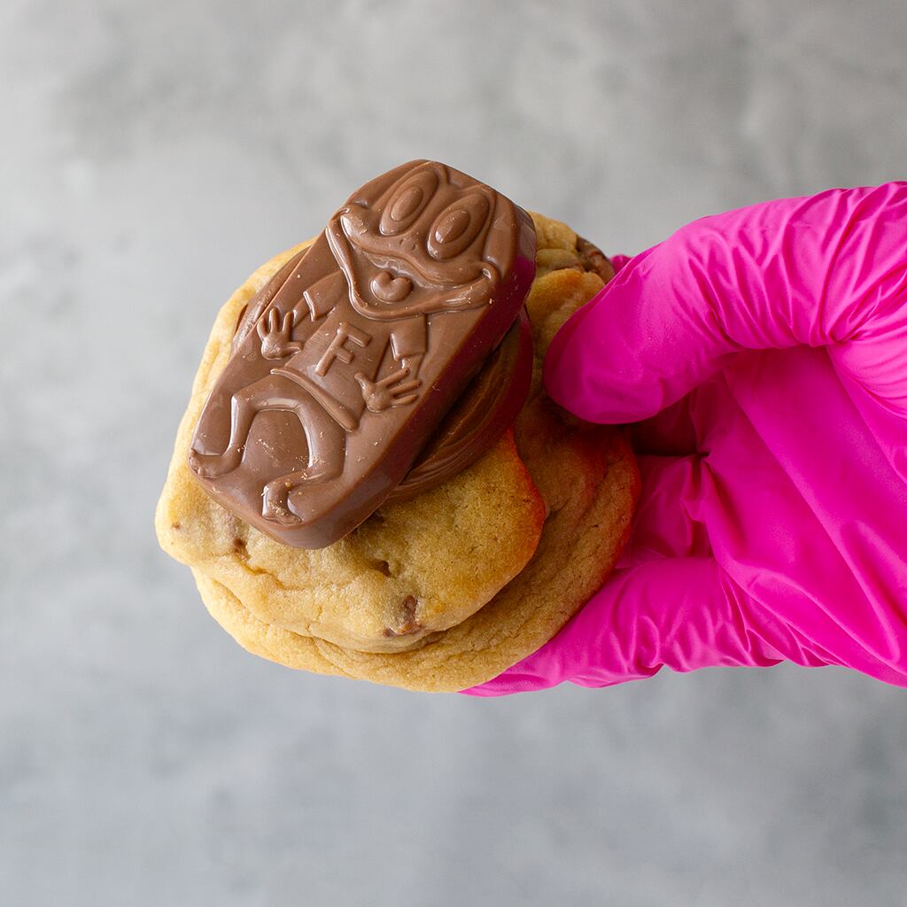 A cookie with a chocolate Freddo.