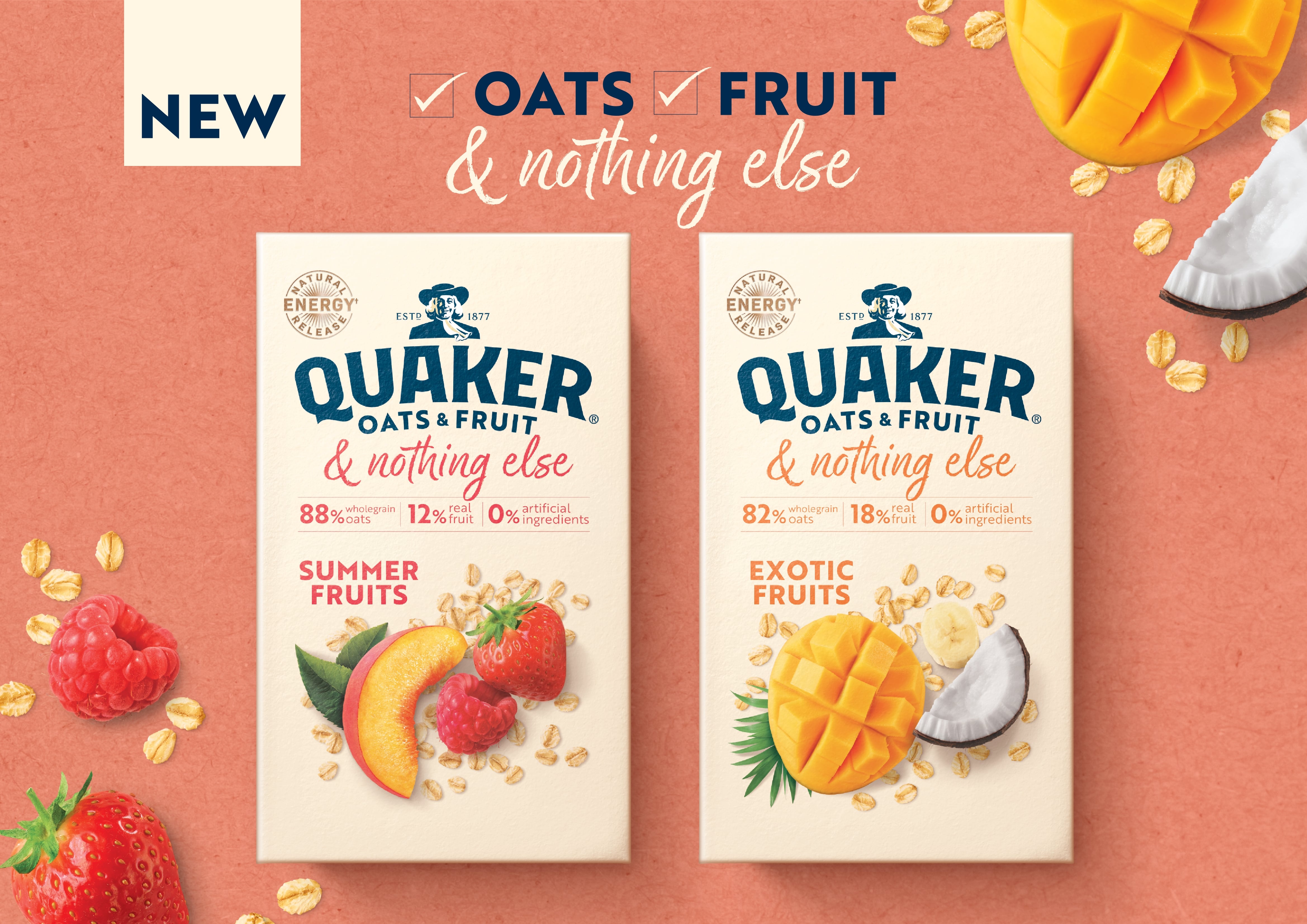 Quaker Oats & Fruit - two boxes in different flavours, Summer Fruits and Exotic Fruits.