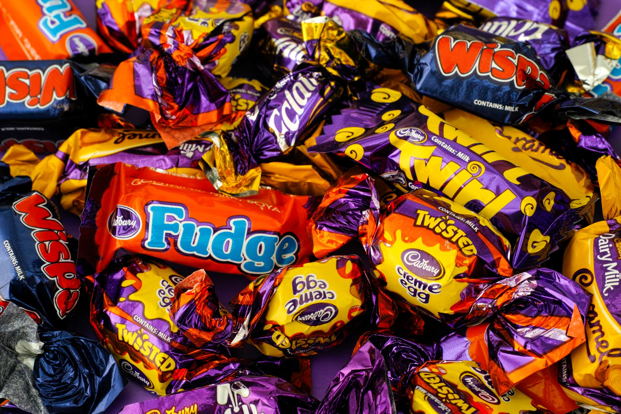 Cadbury Dairy Milk, Cadbury Caramel, Cadbury Wispa, Cadbury Eclair, Cadbury Fudge, Cadbury Creme Egg Twisted and Cadbury Twirl.