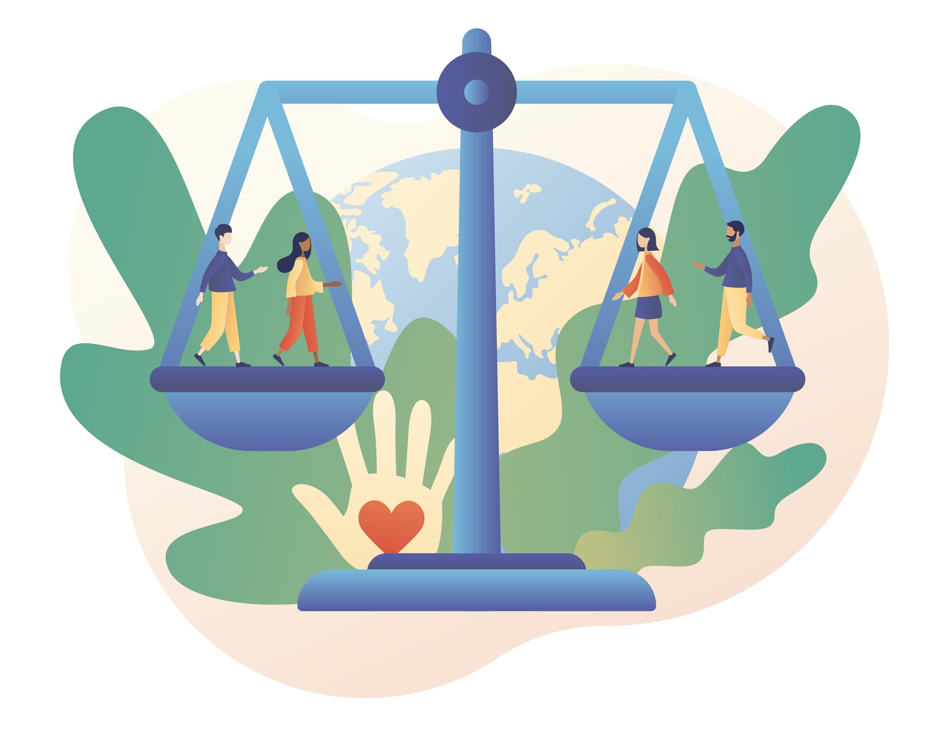 Human rights concept. World Social justice day. Big scales as symbol of equality, freedom and love. Tiny people for tolerance and respect. Modern flat cartoon style. Vector