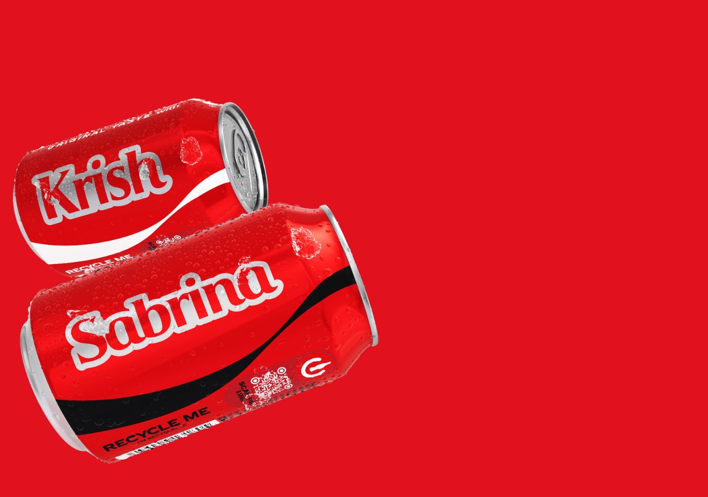 Two cans of coke with Krish and Sabrina written on them.