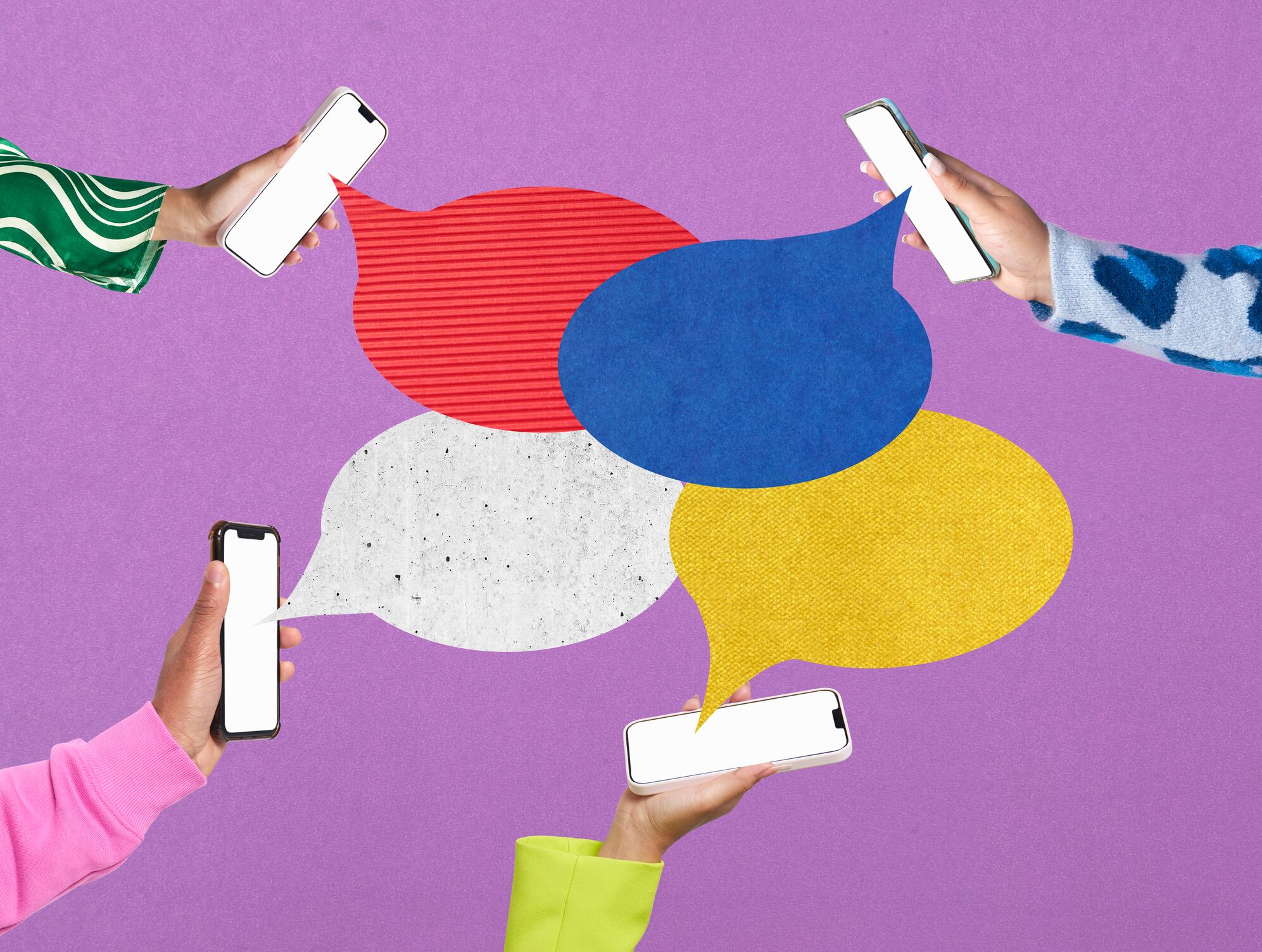 Collage image using speech bubbles and smartphones to communicate an online conversation