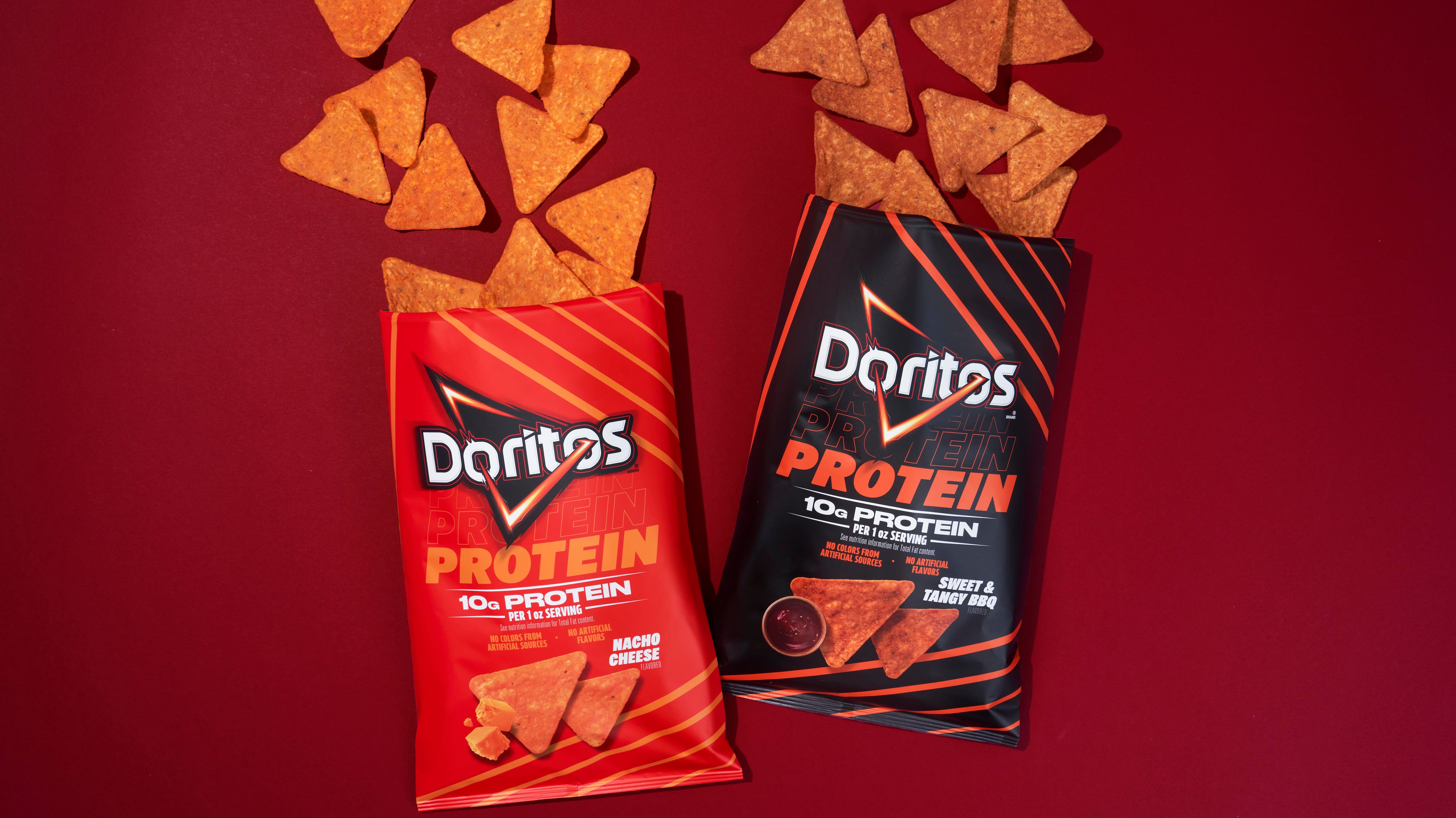 Two bags of Dorito Protein crisps.
