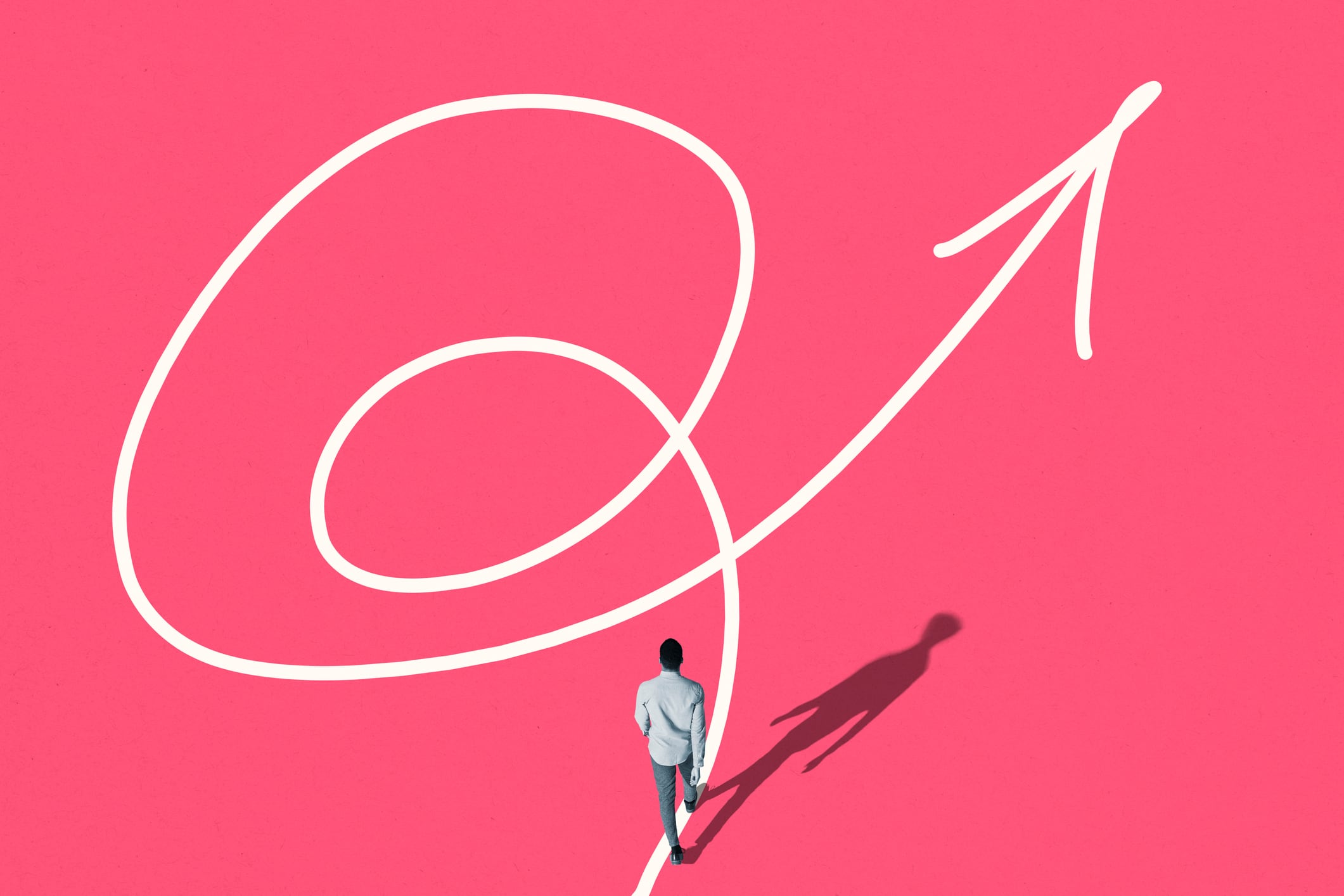 High angle rear view of young man walking on white tangled arrow over pink background