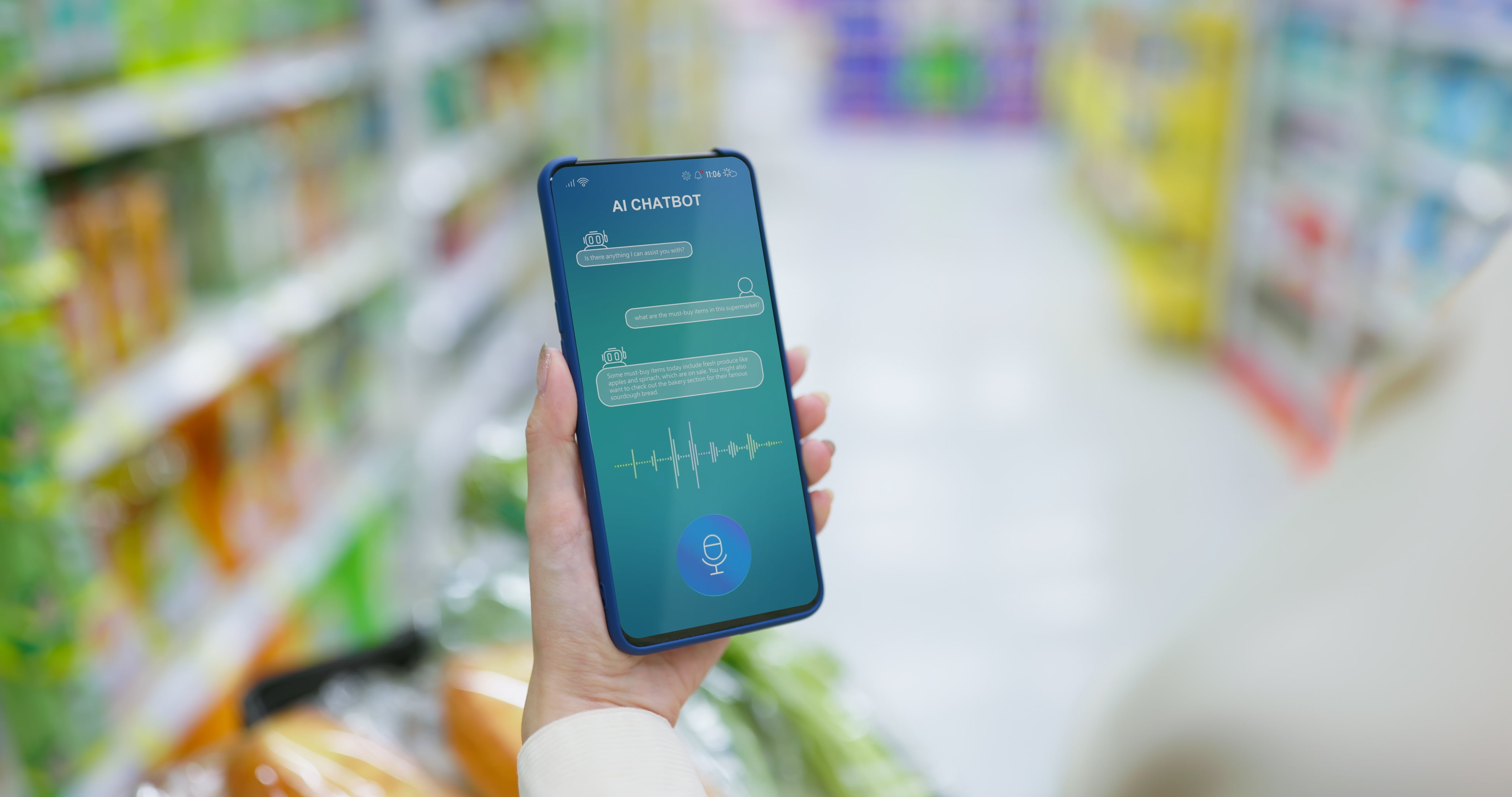 rear view of closeup woman using phone asking ai chatbot for must-buy item at supermarket