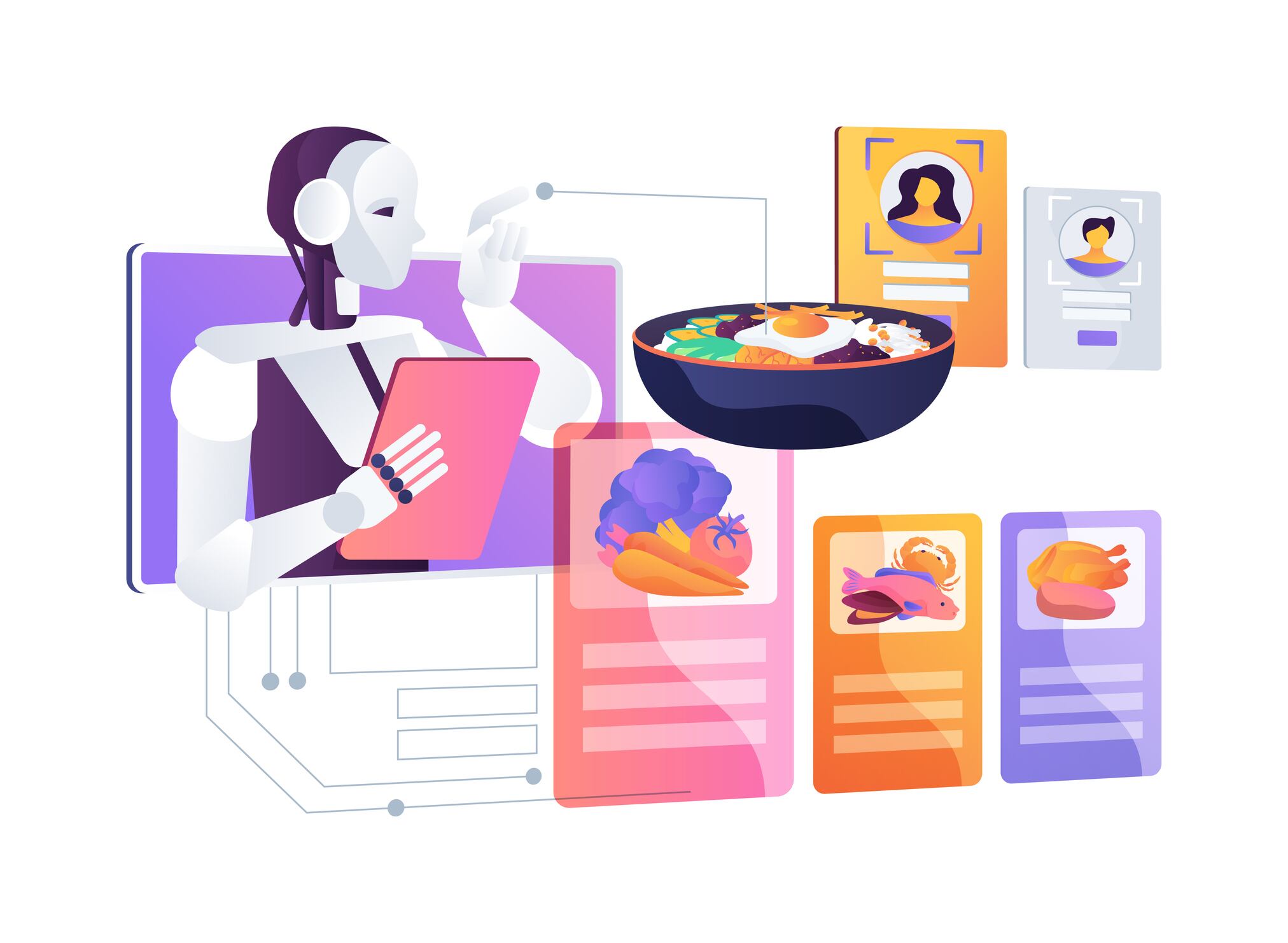 AI robot choosing food for different people. Cartoon concept.