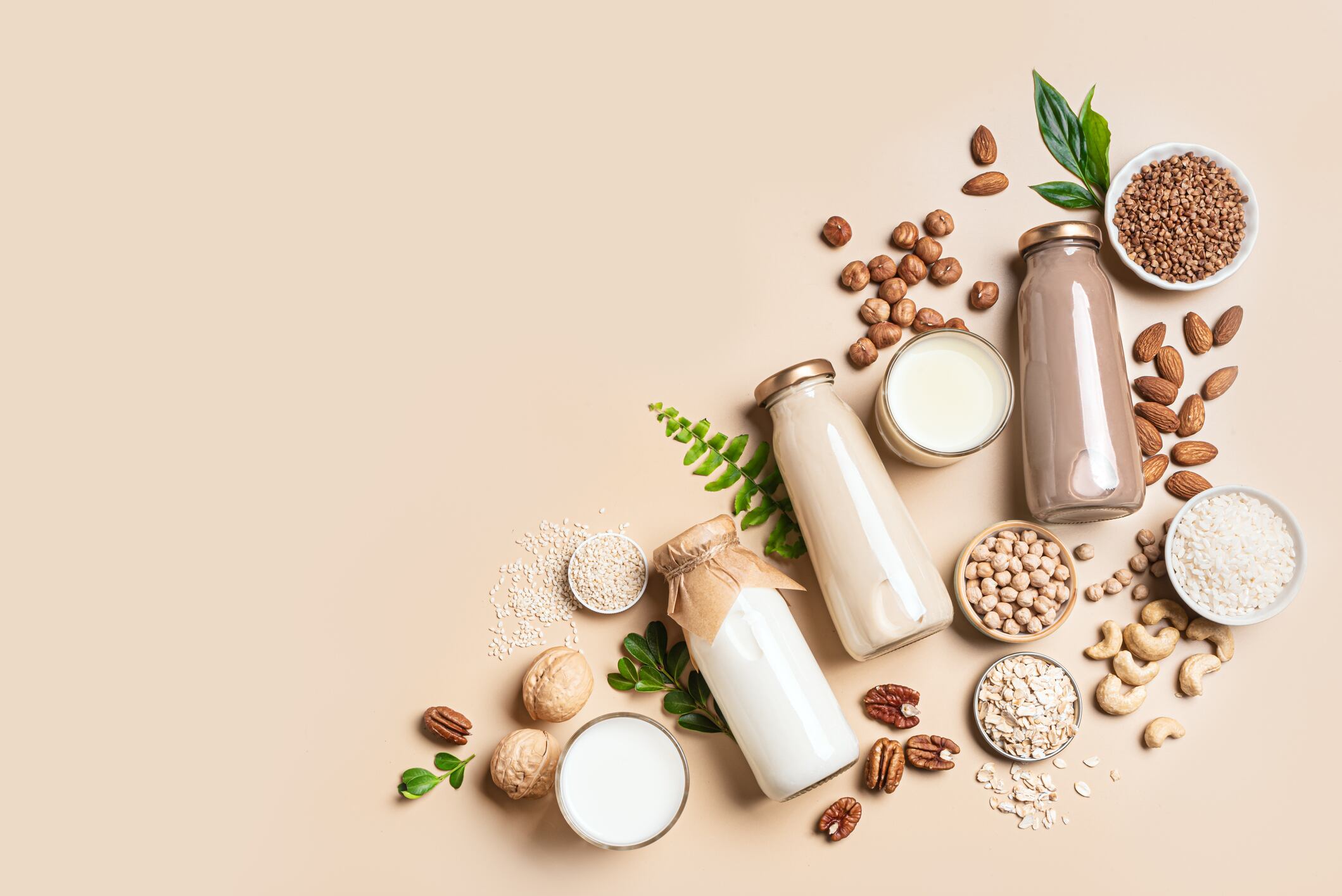 Various vegan plant based milk bottles, ingredients and green leaves. Non dairy, lactose free milk with nuts and grains on beige background, copy space, banner.  Substitute drink flat lay.